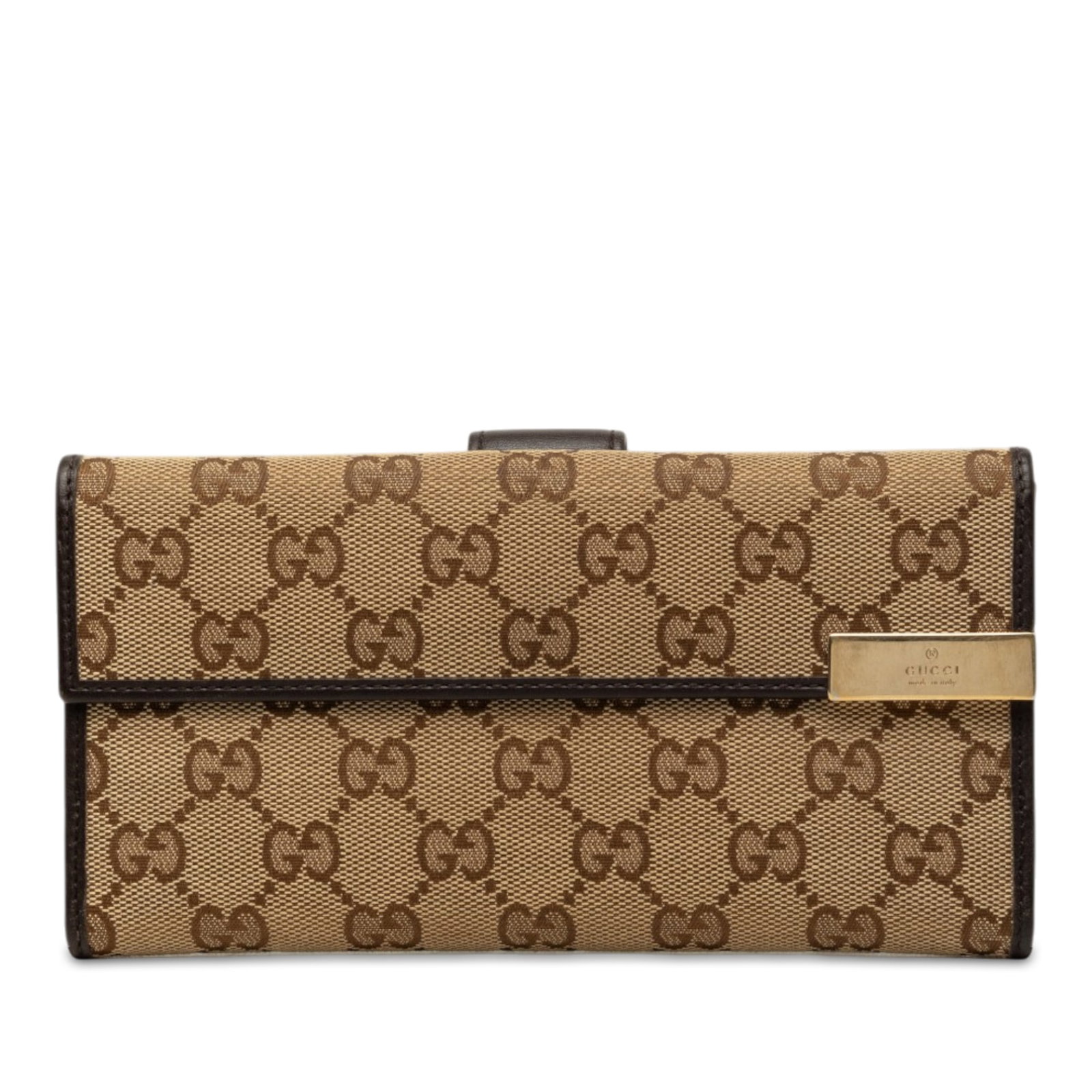 Gucci GG Canvas Flap Long Wallet Brown Leather Trim: Gucci GG Canvas Flap Long Wallet Brown Leather Trim Gucci GG Canvas long wallet with leather trim and a structured flap-front design. It features a snap button closure, an exterior back compartment wi