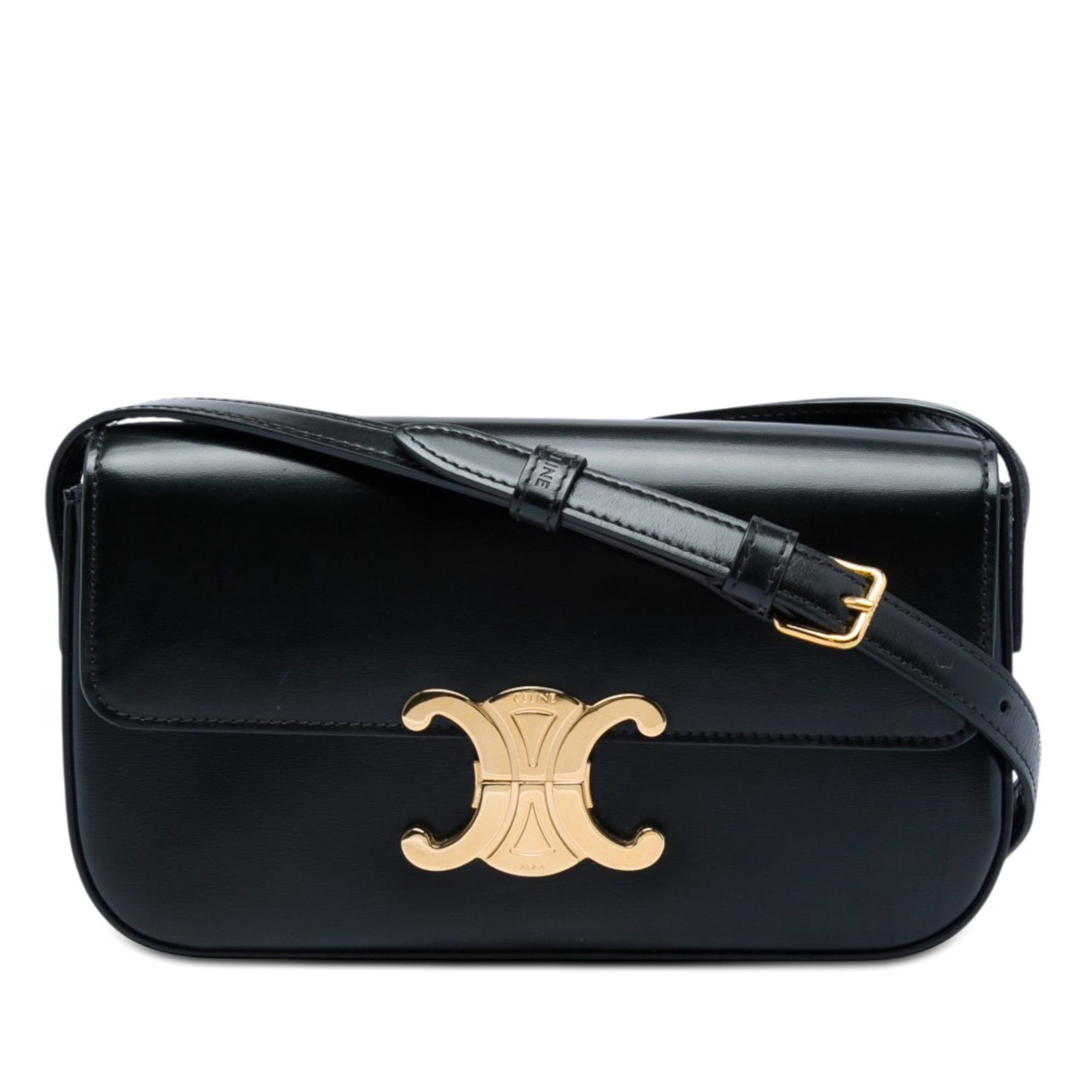 Celine Triomphe Claude black leather shoulder bag: Celine Triomphe Claude black leather shoulder bag Celine Triomphe Claude shoulder bag in shiny calfskin leather with a structured flap-front silhouette and magnetic closure. The design includes a flat