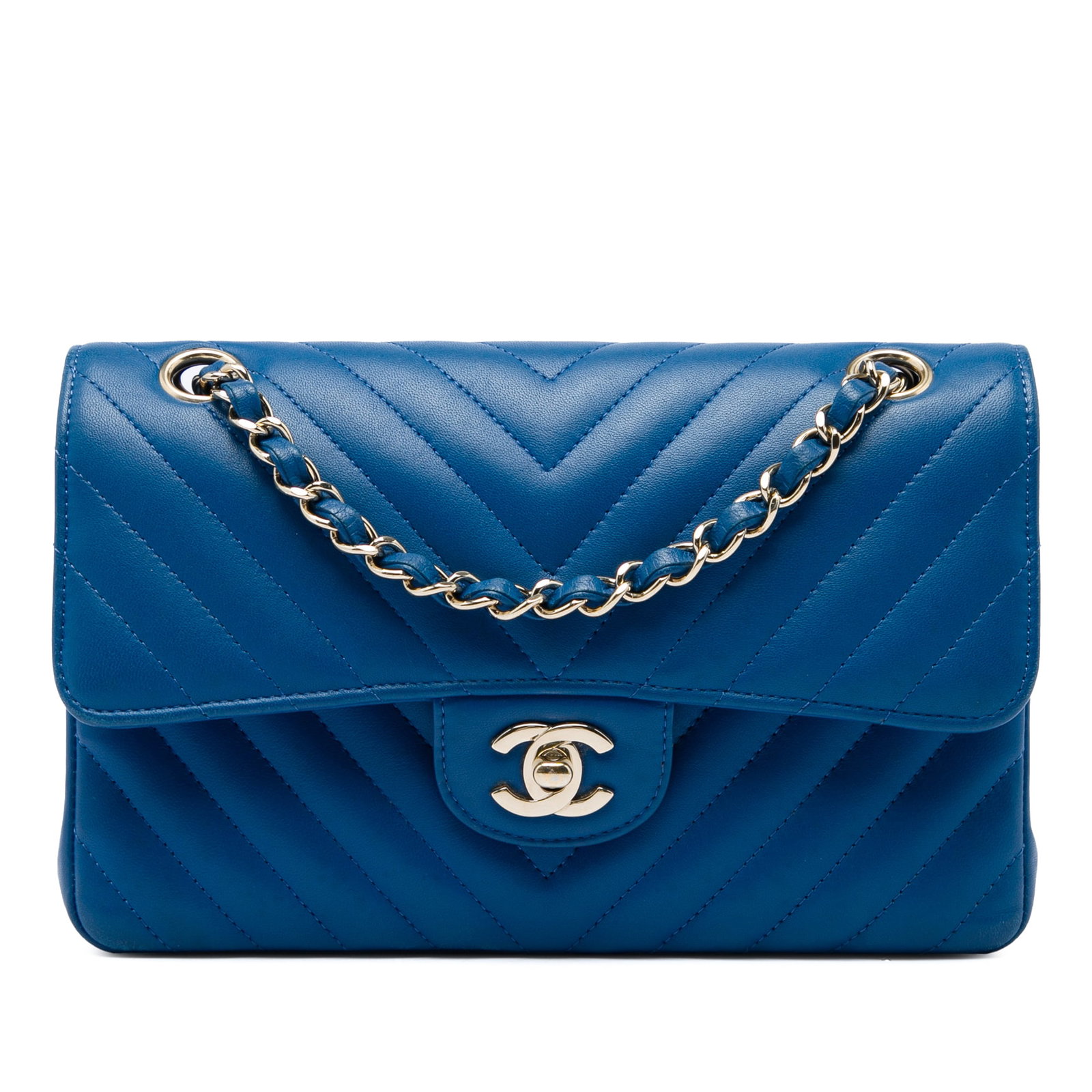 Chanel Small Classic Chevron Double Flap Blue Lambskin Shoulder Bag: Chanel Small Classic Chevron Double Flap Blue Lambskin Shoulder Bag A Chanel Small Classic Chevron Lambskin Double Flap shoulder bag in blue leather. This bag features a chevron quilted leather body, 