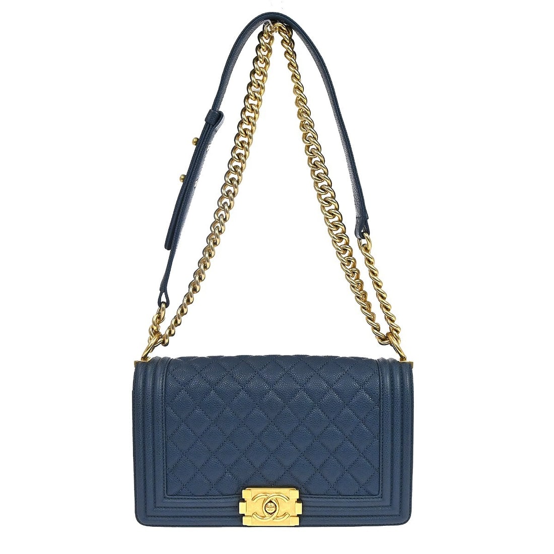 CHANEL Boy Medium Shoulder Bag Blue Caviar Leather Chain Strap: CHANEL Boy Medium Shoulder Bag Blue Caviar Leather Chain Strap Chanel Boy Medium shoulder bag in blue caviar skin leather with a structured square silhouette, push-lock closure, silver-tone hardware, 