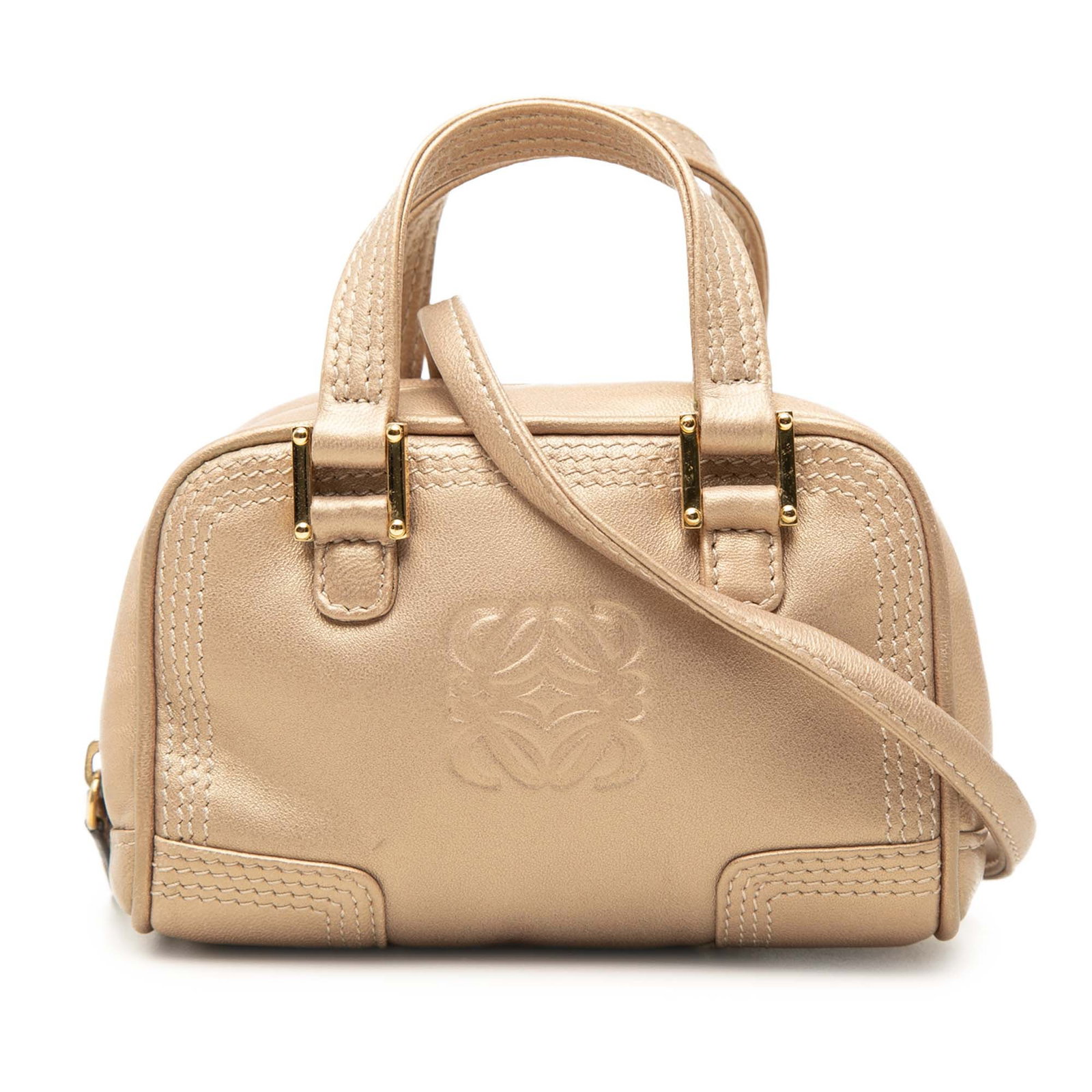 LOEWE Amazona Micro Satchel in Metallic Gold Leather: LOEWE Amazona Micro Satchel in Metallic Gold Leather Compact and distinctive, this LOEWE Micro Amazona satchel is crafted in metallic leather with a structured silhouette. It features flat leather han