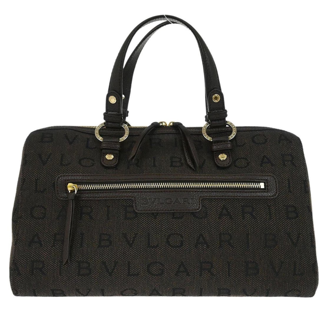 Bvlgari Logomania Brown Canvas Leather Large Duffle Bag: Bvlgari Logomania Brown Canvas Leather Large Duffle Bag Bvlgari Logomania duffle handbag in brown canvas and leather. This large women's bag features double handles, a zip pocket on the exterior, and 