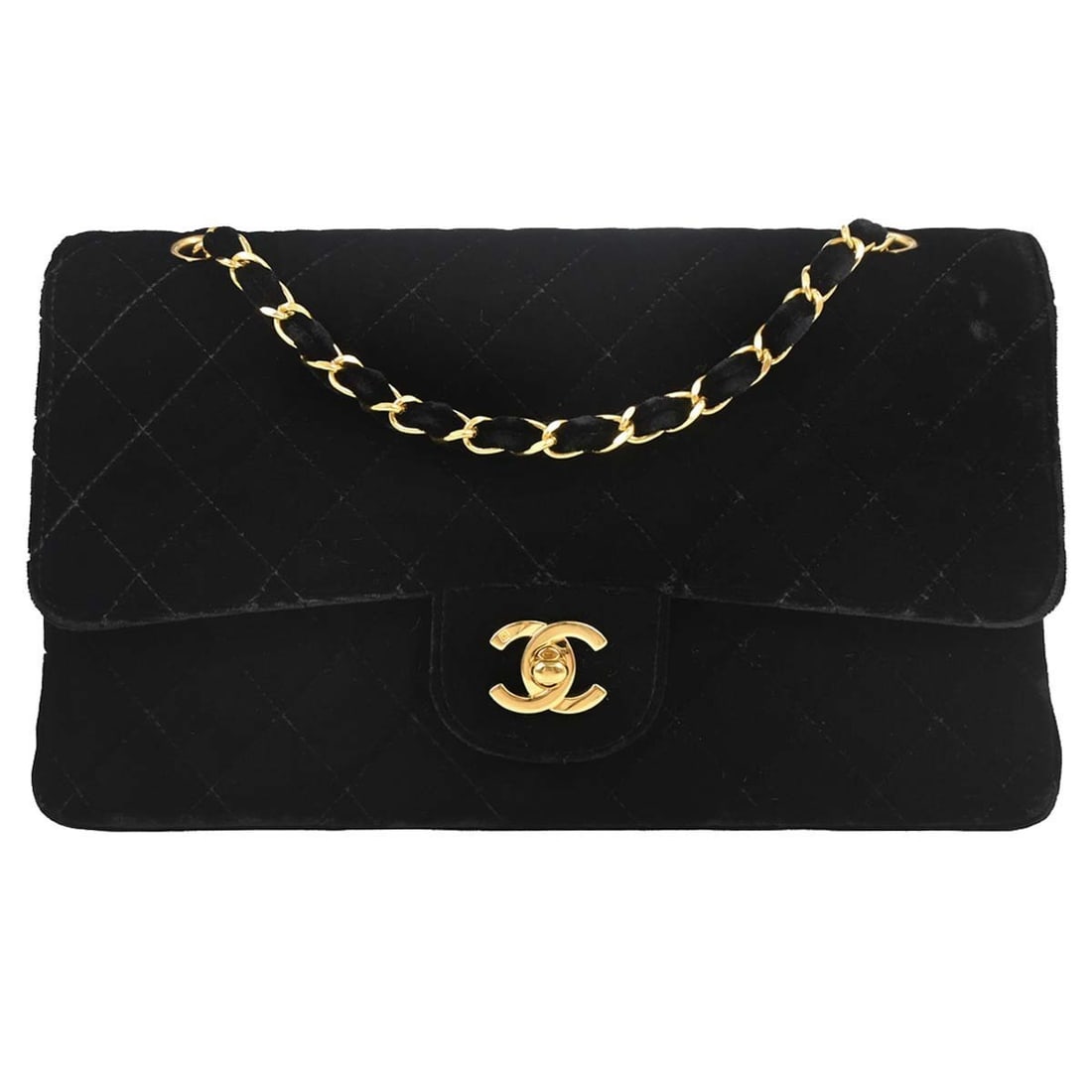 CHANEL Classic Double Flap Medium Black Velvet Shoulder Bag: CHANEL Classic Double Flap Medium Black Velvet Shoulder Bag Chanel Classic Double Flap medium shoulder bag in black matelasse velvet with a turnlock closure, leather lining, and logo accents. This wom