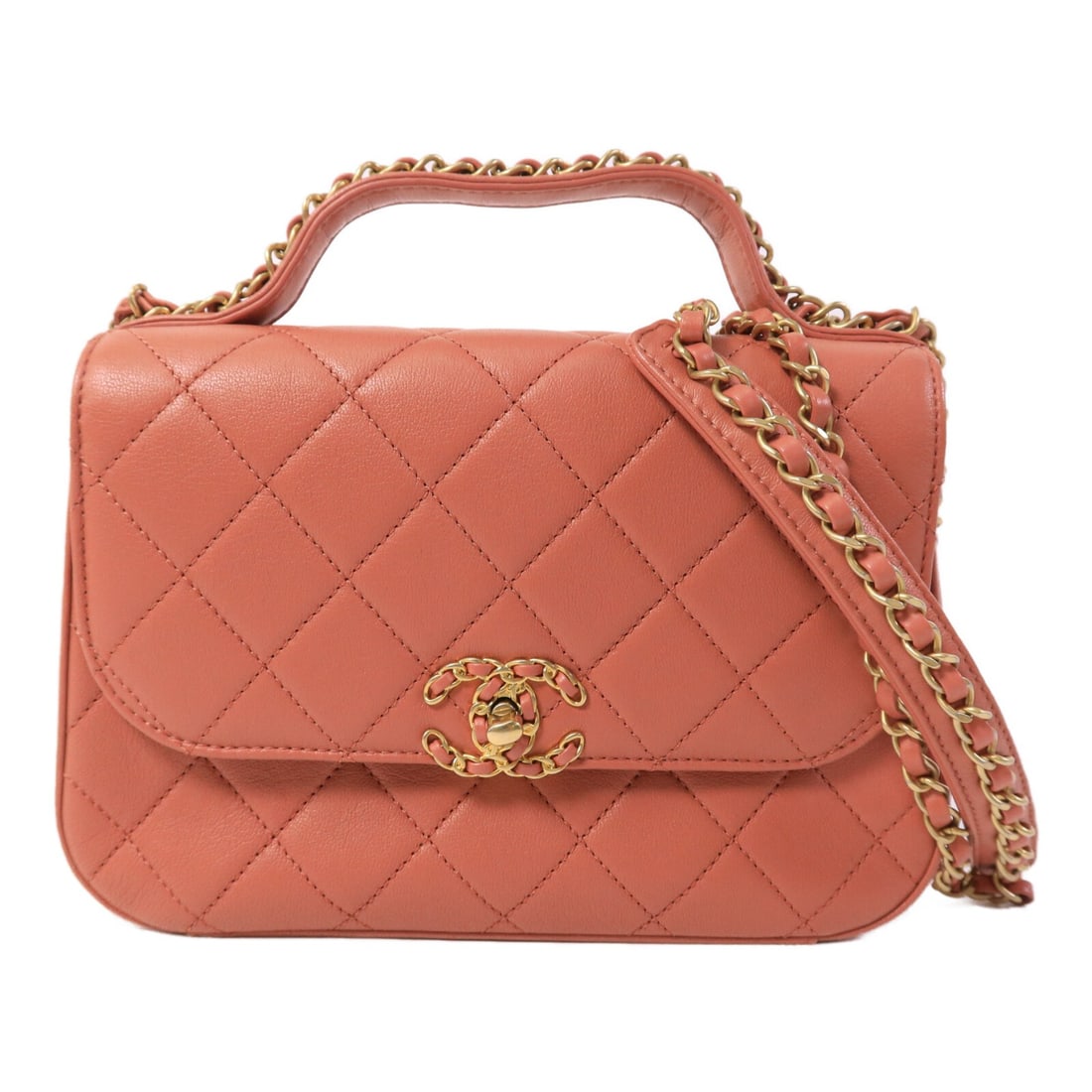 CHANEL AS0970 CC 2 Way Shoulder Bag Pink Calfskin Gold Tone Hardware: CHANEL AS0970 CC 2 Way Shoulder Bag Pink Calfskin Gold Tone Hardware A CHANEL 2-way shoulder bag in pink calfskin with a top handle messenger design and GHW hardware. It features a turn lock closure, 