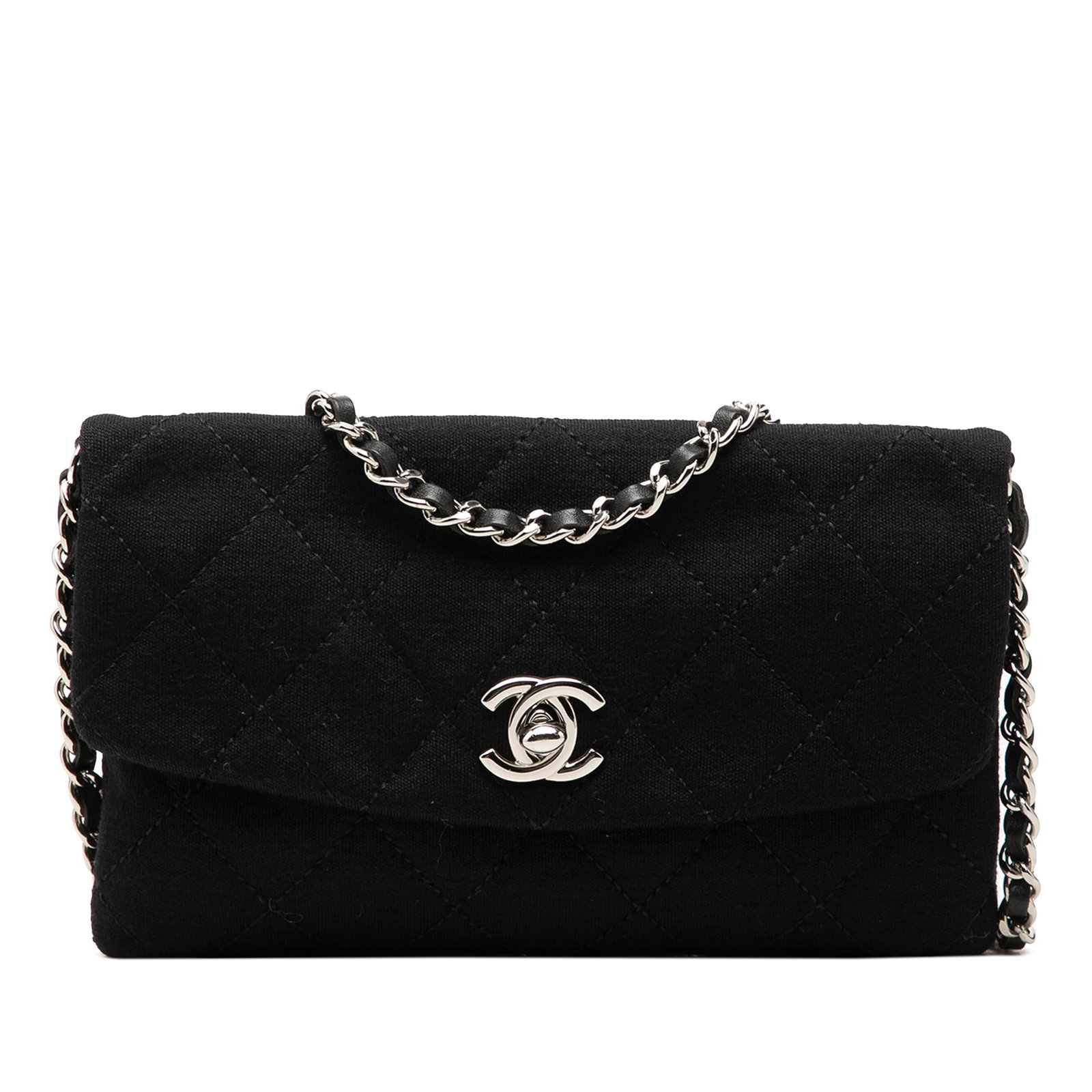 Chanel Mini CC Flap Crossbody Bag in Black Quilted Jersey: Chanel Mini CC Flap Crossbody Bag in Black Quilted Jersey A Chanel Mini CC Quilted Jersey Flap crossbody bag in black with a quilted jersey body, fabric woven chain strap, front flap with CC turn-lock