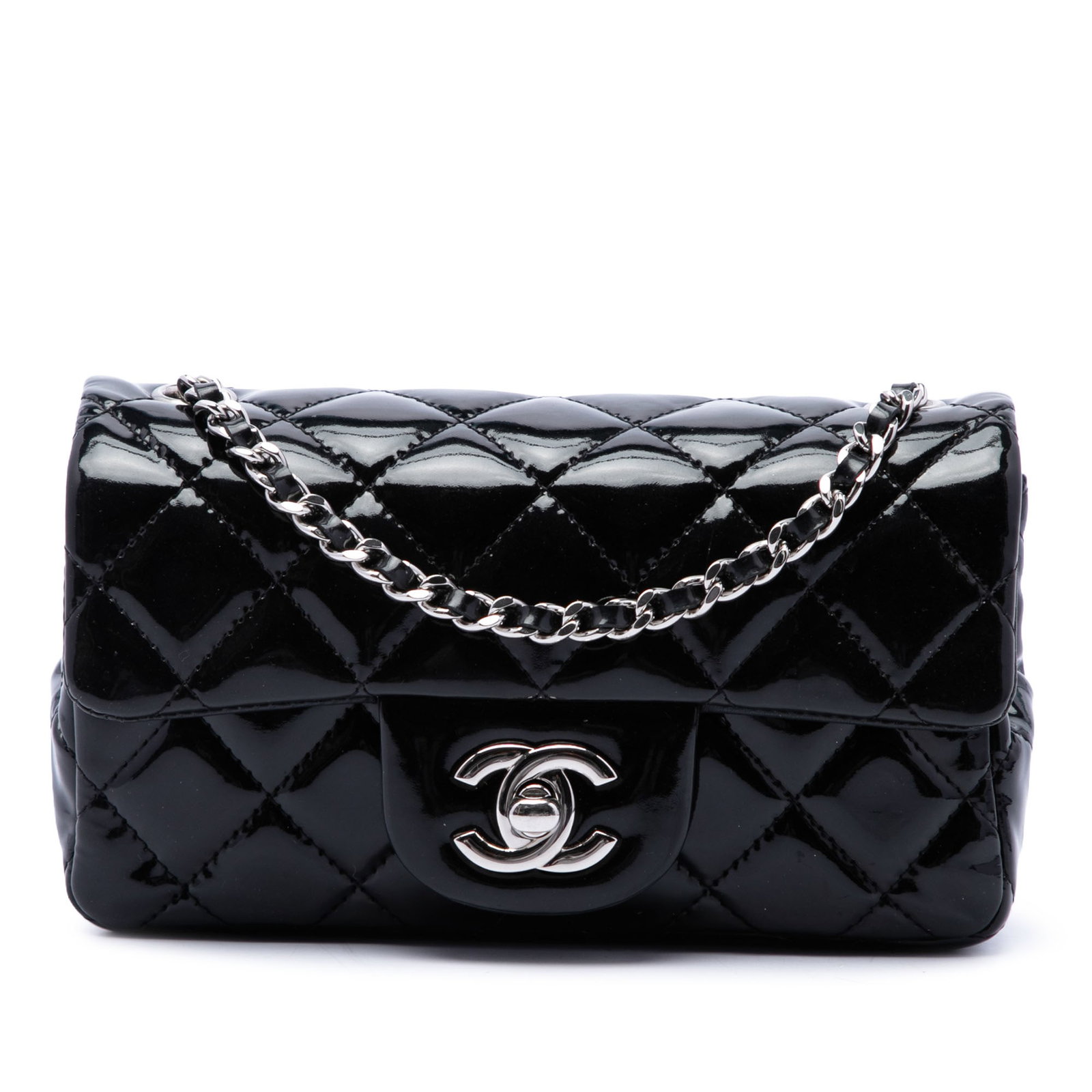 Chanel Extra Mini Rectangular Classic Flap Crossbody Patent Leather Black: Chanel Extra Mini Rectangular Classic Flap Crossbody Patent Leather Black A Chanel Extra Mini Rectangular Classic Single Flap crossbody bag crafted in black quilted patent leather. It features a leath