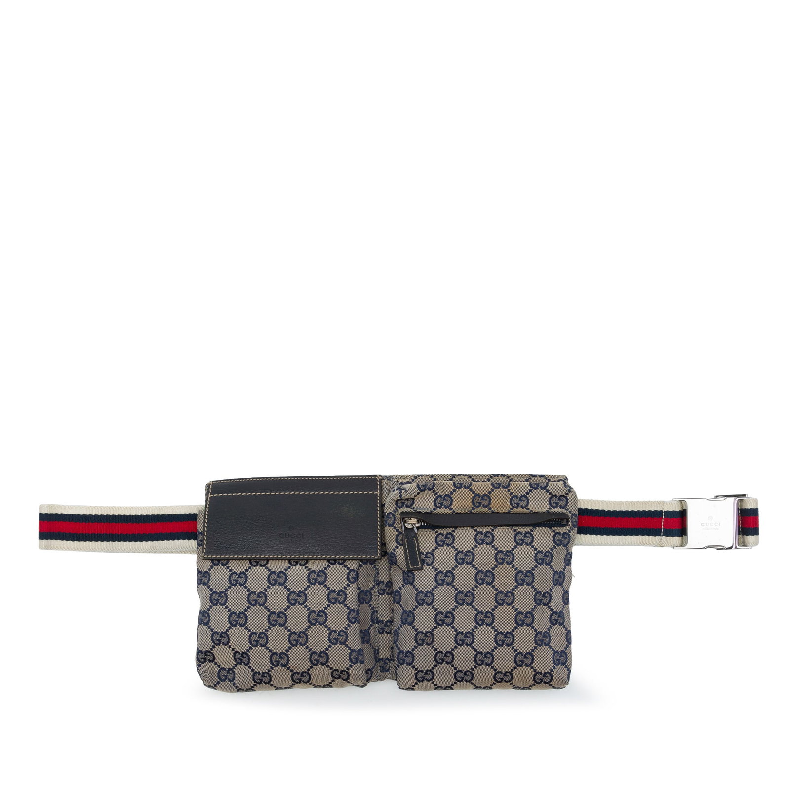 Gucci GG Canvas Web Belt Bag with Double Pocket: Gucci GG Canvas Web Belt Bag with Double Pocket Gucci belt bag in beige GG canvas with a web waist strap and a double-pocket design. The bag features a front flap compartment, a front zip compartment,