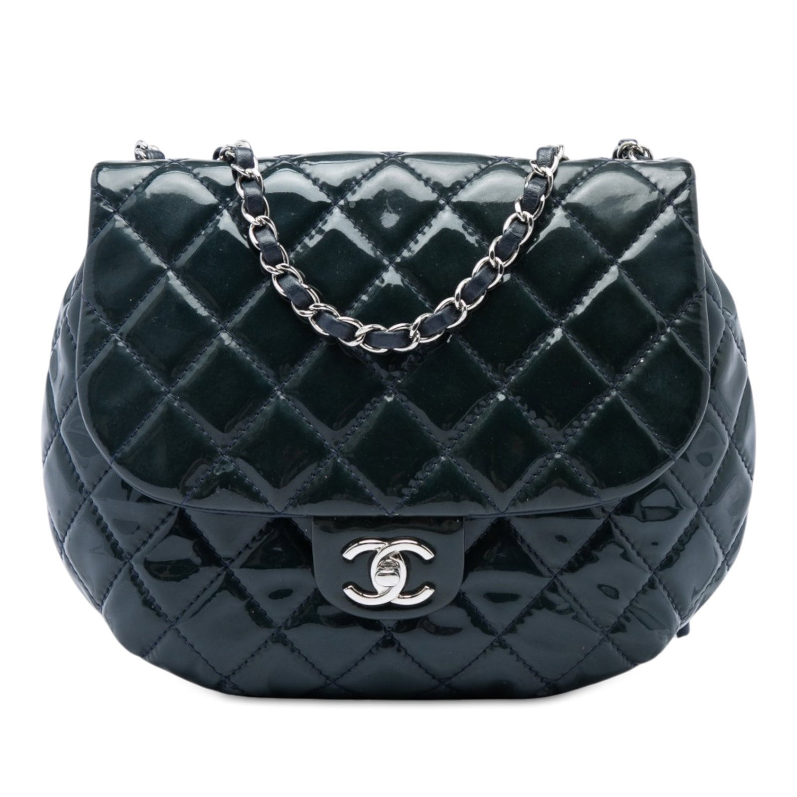 Chanel Bubble CC Flap Medium Green Patent Leather Crossbody Bag: Chanel Bubble CC Flap Medium Green Patent Leather Crossbody Bag A Chanel Medium Quilted Patent Bubble CC Flap crossbody bag in green patent leather. It features a quilted body, a leather-woven chain l