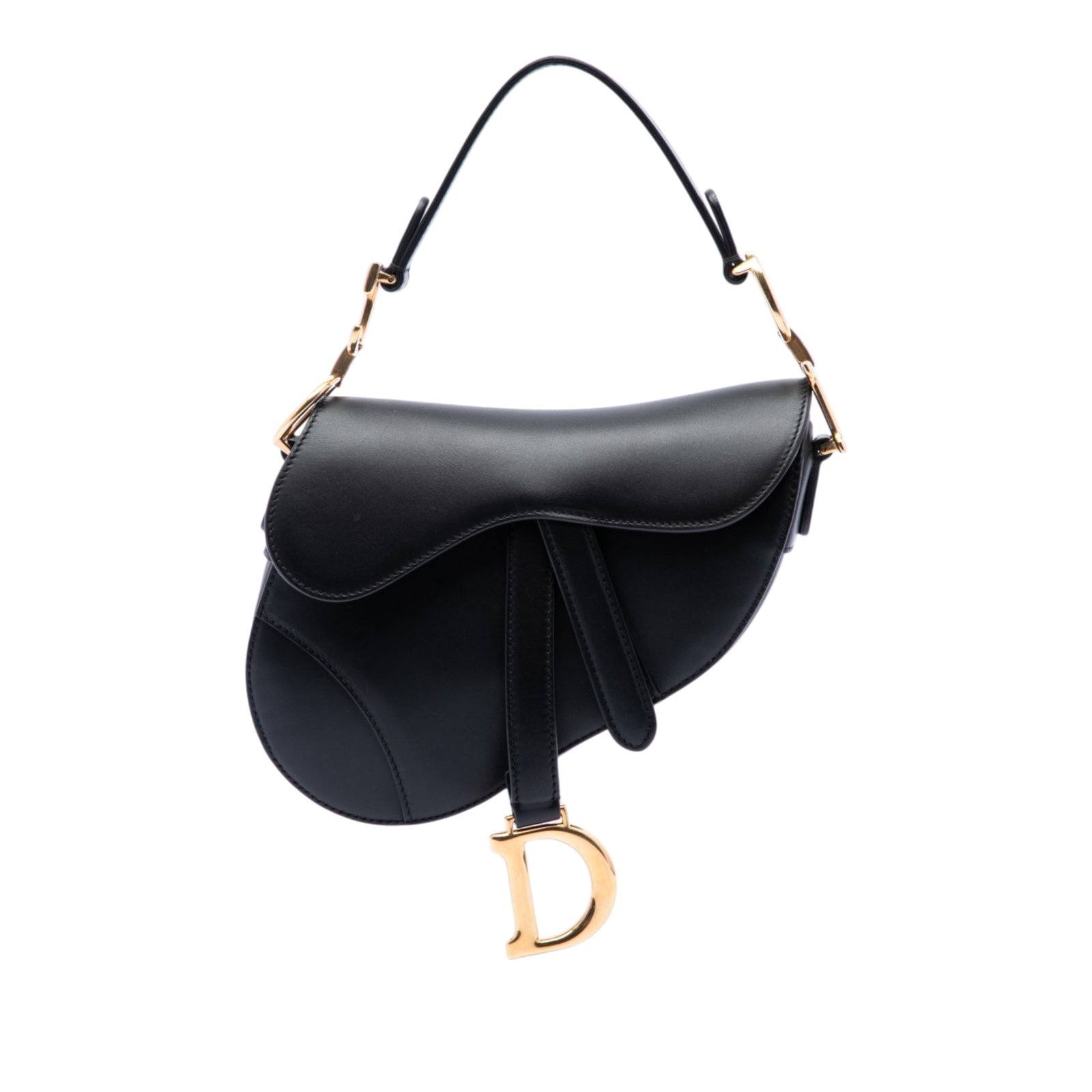 Dior Saddle Bag Mini Smooth Calfskin Leather Black: Dior Saddle Bag Mini Smooth Calfskin Leather Black Dior Mini Smooth Calfskin Saddle Bag in black leather. This bag features a flat leather shoulder strap, a front flap with magnetic closure, an exteri