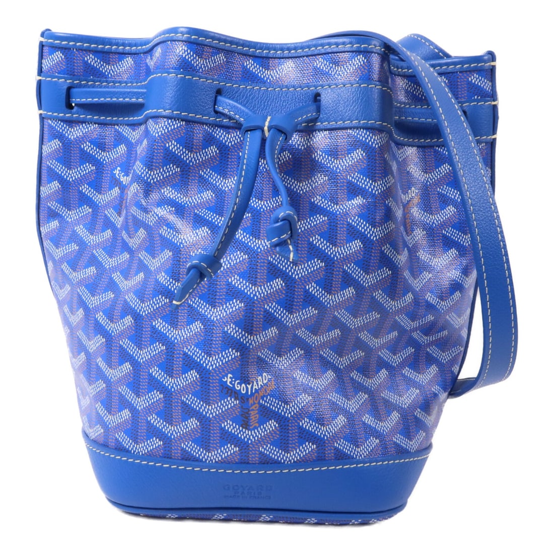 Goyard Petit Flot PM Blue Coated Canvas Shoulder Bucket Bag: Goyard Petit Flot PM Blue Coated Canvas Shoulder Bucket Bag Petit Flot PM bucket shoulder bag in blue PVC coated canvas. This women's shoulder bag is made in France and comes with storage bags. Condit