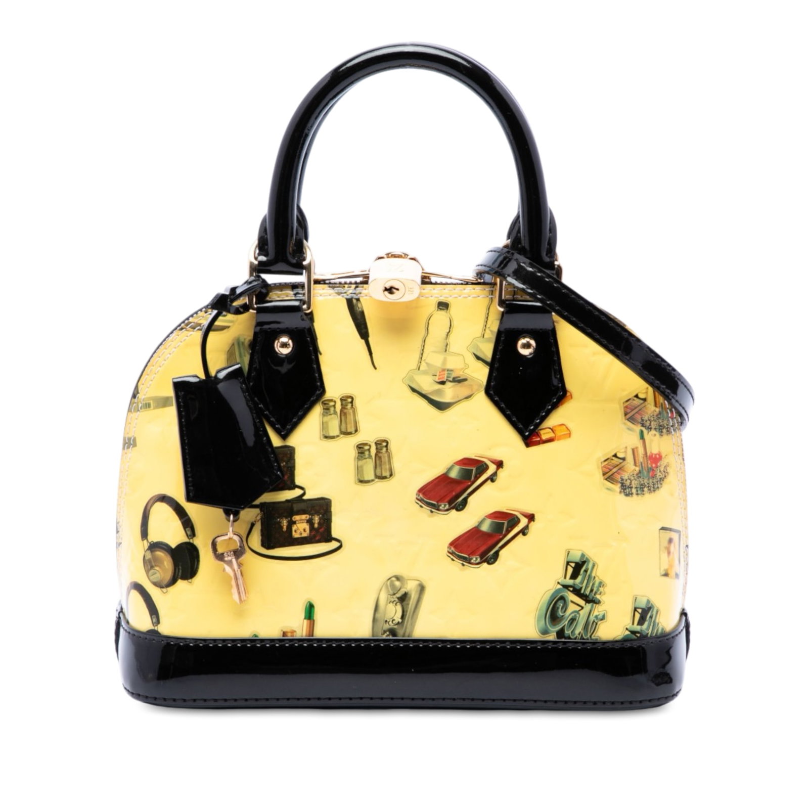Louis Vuitton Alma BB Monogram Vernis Stickers Leather Bag: Louis Vuitton Alma BB Monogram Vernis Stickers Leather Bag Louis Vuitton Monogram Vernis Stickers Alma BB handbag in yellow leather with rolled handles, a detachable flat strap, top zip-around closure