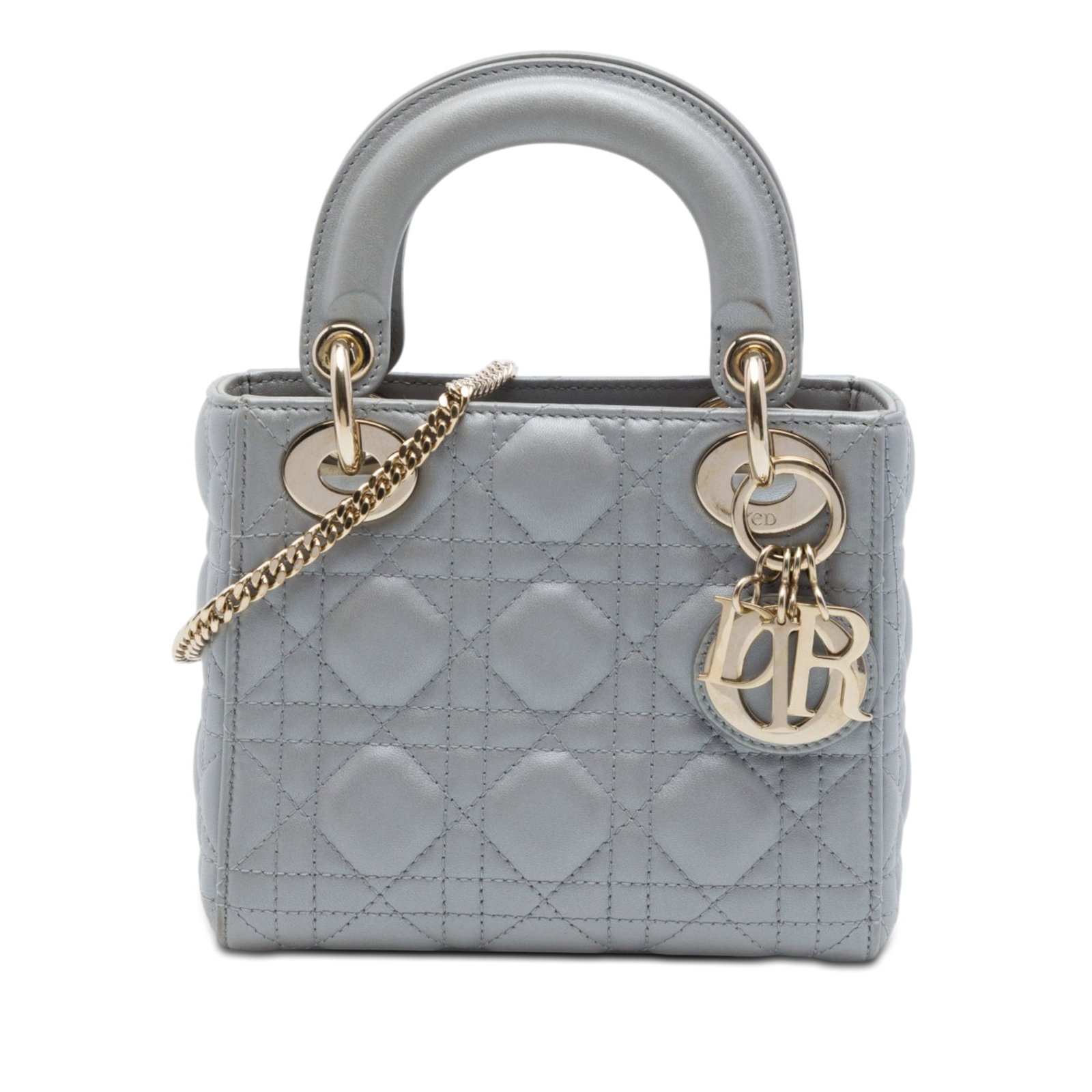Dior Lady Dior Mini Cannage Lambskin Handbag Gray: Dior Lady Dior Mini Cannage Lambskin Handbag Gray A compact Lady Dior bag in gray metallic quilted lambskin leather with the Cannage pattern. This mini bag features flat leather top handles, a detacha