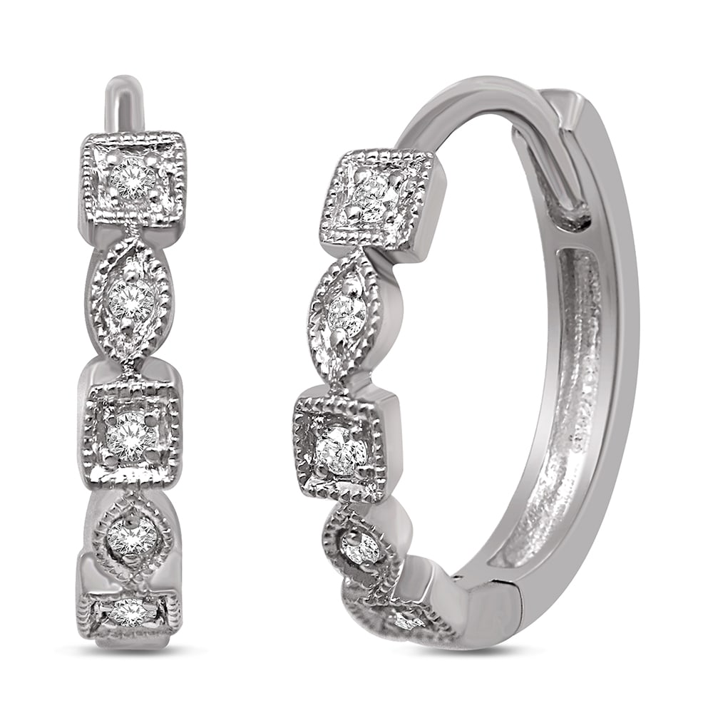 14K White Gold 1/8 Ct.Tw. Diamond Stackable Hoop Earrings: 14K White Gold 1/8 Ct.Tw. Diamond Stackable Hoop Earrings Created in 14K white gold each Earrings features marquise and square frame designs. These hoop Earrings delight with 1/8 ct. t.w. of diamonds 