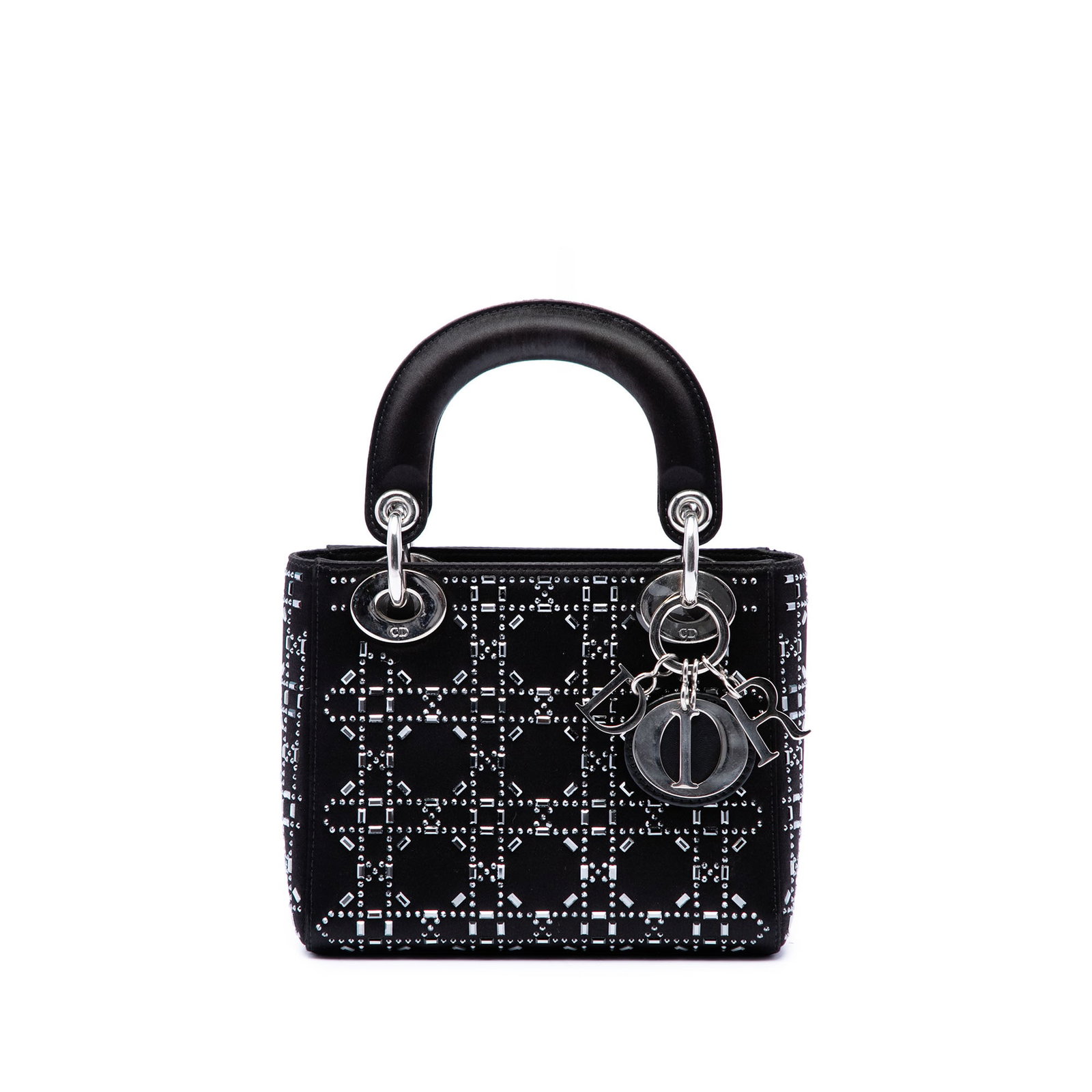 Dior Lady Dior Mini satin handbag with crystal cannage: Dior Lady Dior Mini satin handbag with crystal cannage A Mini Lady Dior bag crafted in black satin with the Cannage pattern and crystal embellishments. It features flat top handles, a fold-in flap clo