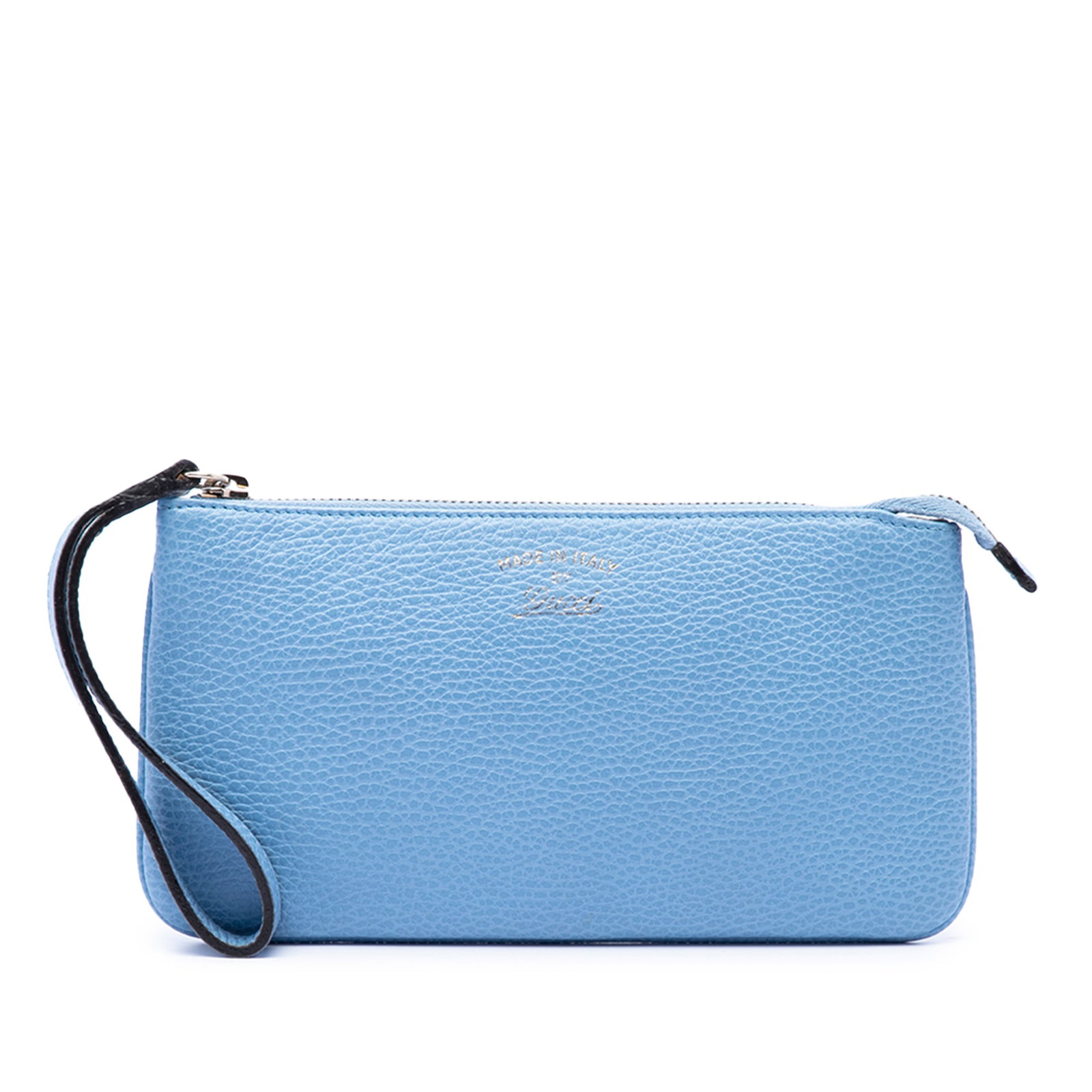 Gucci Swing Pebbled Calfskin Leather Wristlet Pouch Blue: Gucci Swing Pebbled Calfskin Leather Wristlet Pouch Blue A Gucci Pebbled Calfskin Swing Wristlet Pouch in blue leather with a flat wristlet strap and top zip closure. The interior includes zip and sli