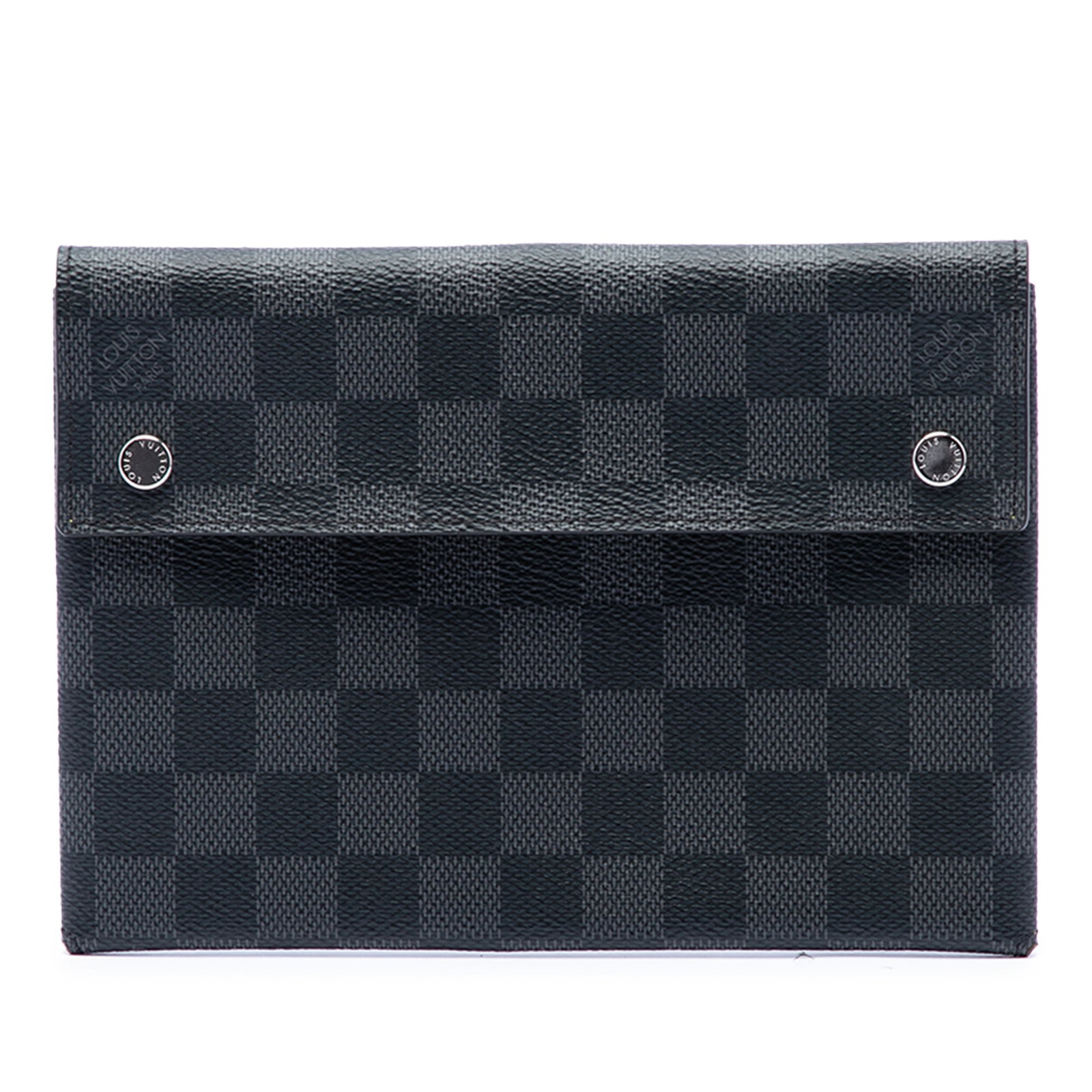 Louis Vuitton Alpha Pochette MM Damier Graphite Clutch Bag: Louis Vuitton Alpha Pochette MM Damier Graphite Clutch Bag A Louis Vuitton Alpha Pochette MM in Damier Graphite canvas with a front flap and snap button closures. Made in France, this bag is finished 