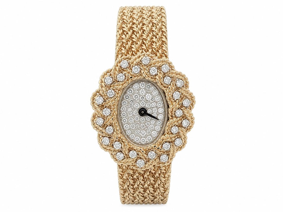 M & W Ullmann 14k Yellow Gold Oval Watch Diamond Dial Basket Weave Bracelet: M & W Ullmann 14k Yellow Gold Oval Watch Diamond Dial Basket Weave Bracelet Vintage M & W Ullmann women's wristwatch with an oval case, diamond-pattern dial, and woven basket link bracelet. Crafted in