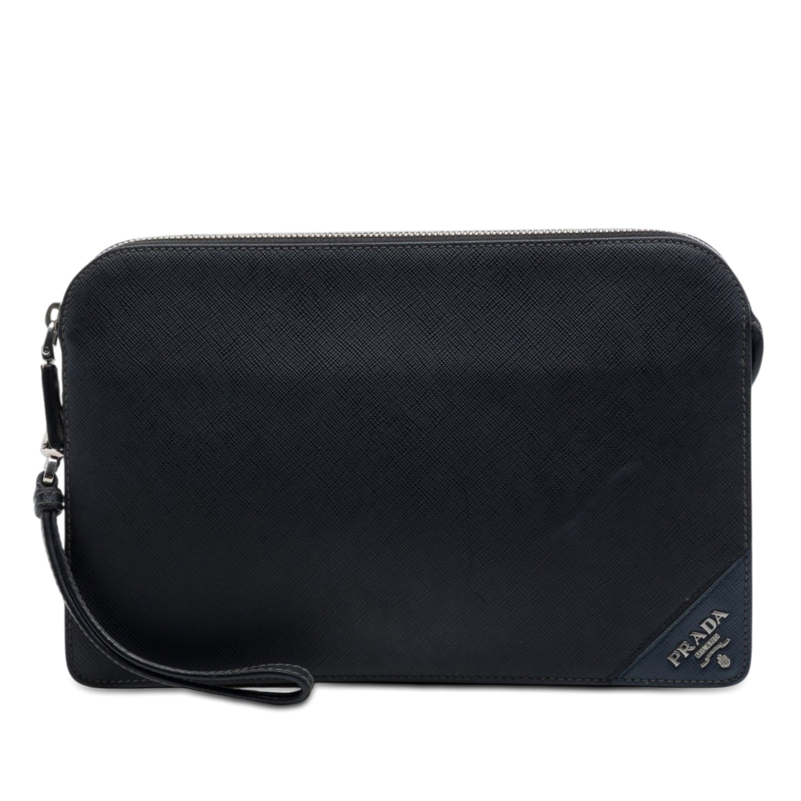 Prada Saffiano Leather Wristlet Clutch Bag Black: Prada Saffiano Leather Wristlet Clutch Bag Black Prada Saffiano clutch in black leather with a detachable flat wrist strap, flat back handle, top zip closure, and interior zip and slip pockets. Made i