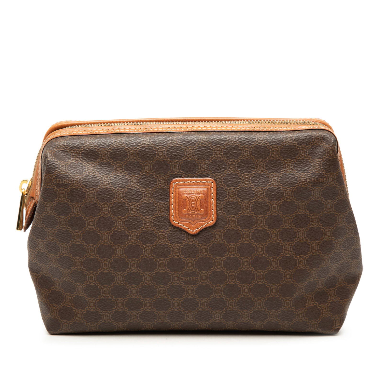 Celine Macadam Brown Coated Canvas Zip Pouch Italy: Celine Macadam Brown Coated Canvas Zip Pouch Italy A brown pouch in coated canvas with leather trim, featuring a top zip closure and interior slip pockets. Made in Italy and categorized as an SLG, thi