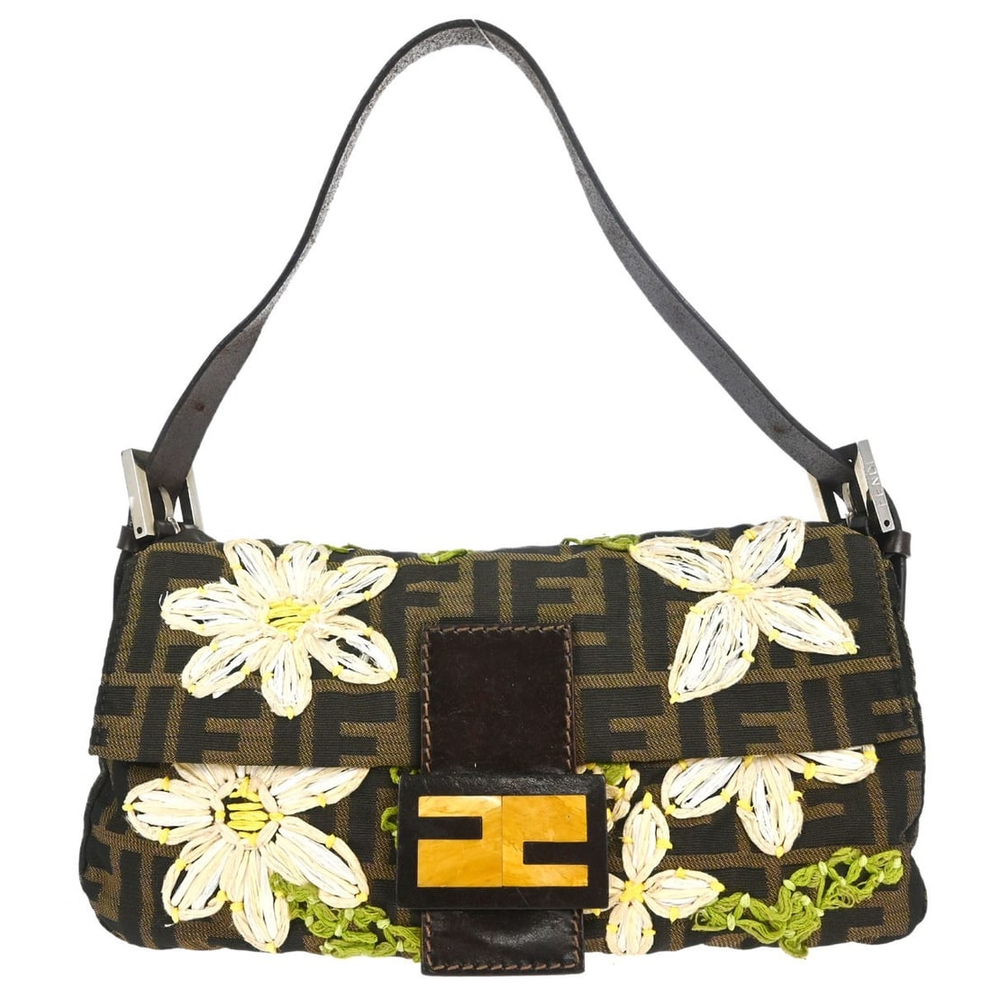 Fendi Baguette Shoulder Bag in Brown Zucca Canvas with Floral Embroidery: Fendi Baguette Shoulder Bag in Brown Zucca Canvas with Floral Embroidery Fendi Baguette handbag in brown canvas with Zucca pattern and floral embroidery. This medium shoulder bag features a magnetic c