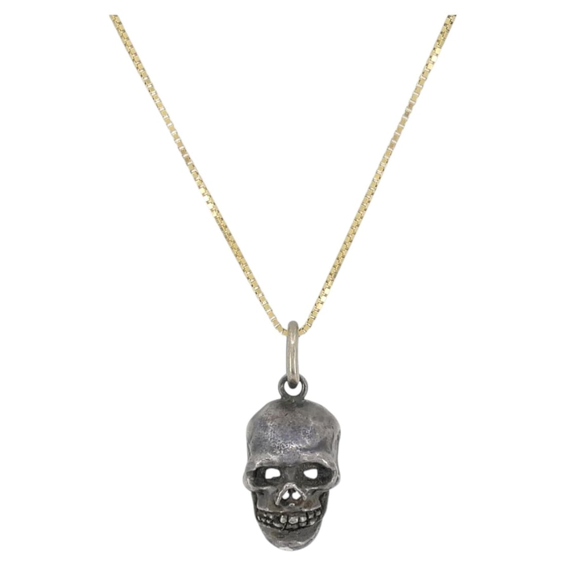 Italian 18k Gold Box Chain Necklace with Silver Skull Pendant (1 of 11)