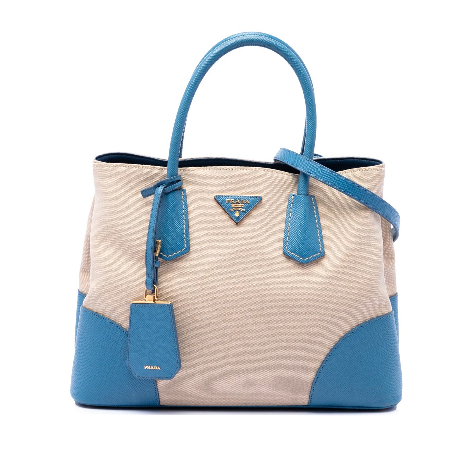 Prada Double Satchel Medium Saffiano Cuir Canvas Beige Bag: Prada Double Satchel Medium Saffiano Cuir Canvas Beige Bag Prada medium double satchel crafted with a canvas body and leather trim. It features rolled leather top handles, a detachable and adjustable 