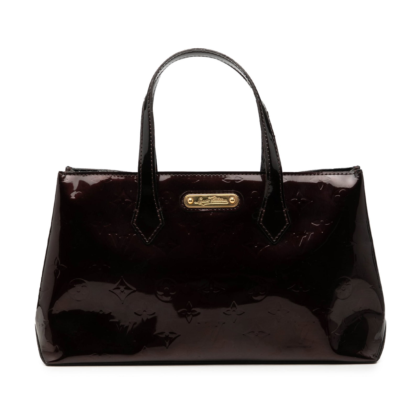Louis Vuitton Wilshire PM Monogram Vernis Leather Handbag: Louis Vuitton Wilshire PM Monogram Vernis Leather Handbag Louis Vuitton Wilshire PM in Monogram Vernis leather with flat leather handles, an open top, lobster clasp closure, and an interior zip pocket