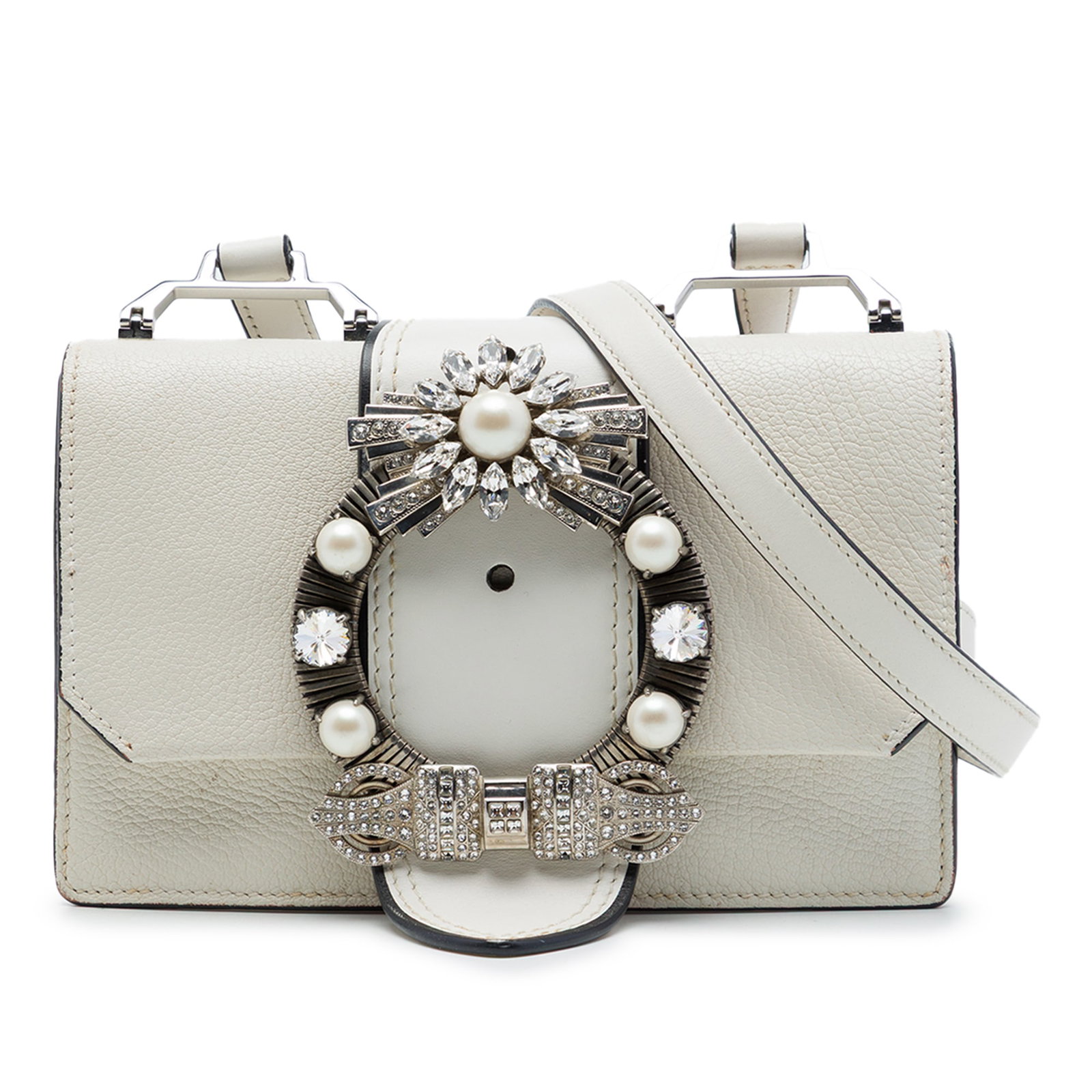 Miu Miu crystal embellished goatskin calf leather crossbody bag: Miu Miu crystal embellished goatskin calf leather crossbody bag Miu Miu crossbody bag crafted in goatskin and calf leather with crystal embellishments. It features an adjustable flat leather strap, a 