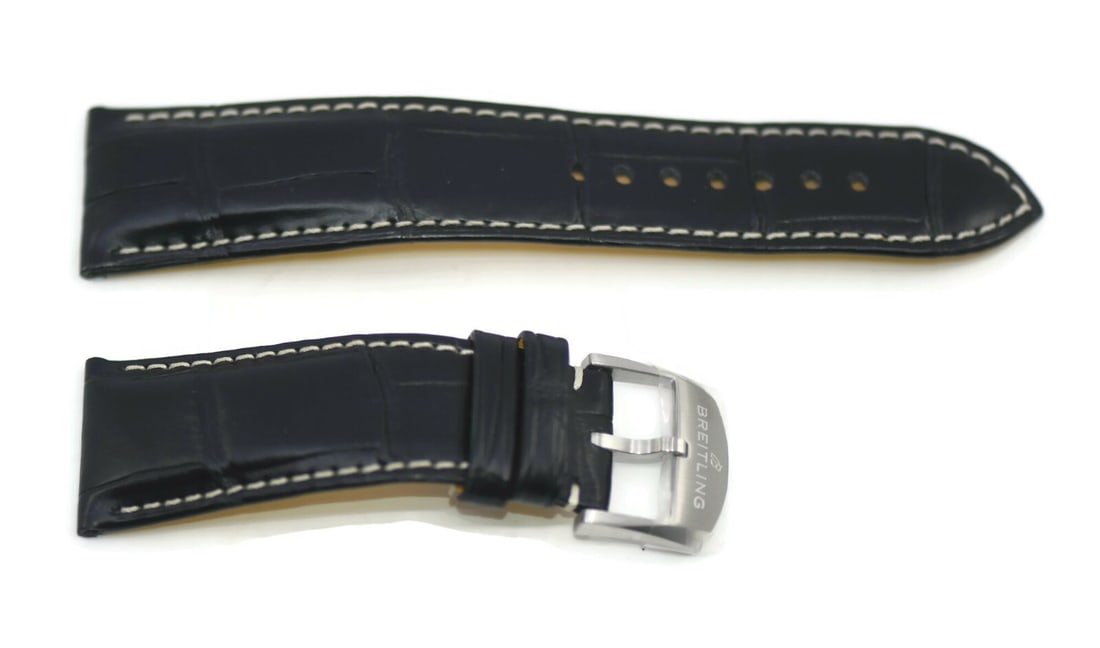 Breitling 24mm Black Leather Wristwatch Strap 100% Authentic: Breitling 24mm Black Leather Wristwatch Strap 100% Authentic This authentic Breitling wristwatch band features a sleek black leather design, perfect for adding a touch of elegance to your timepiece. W