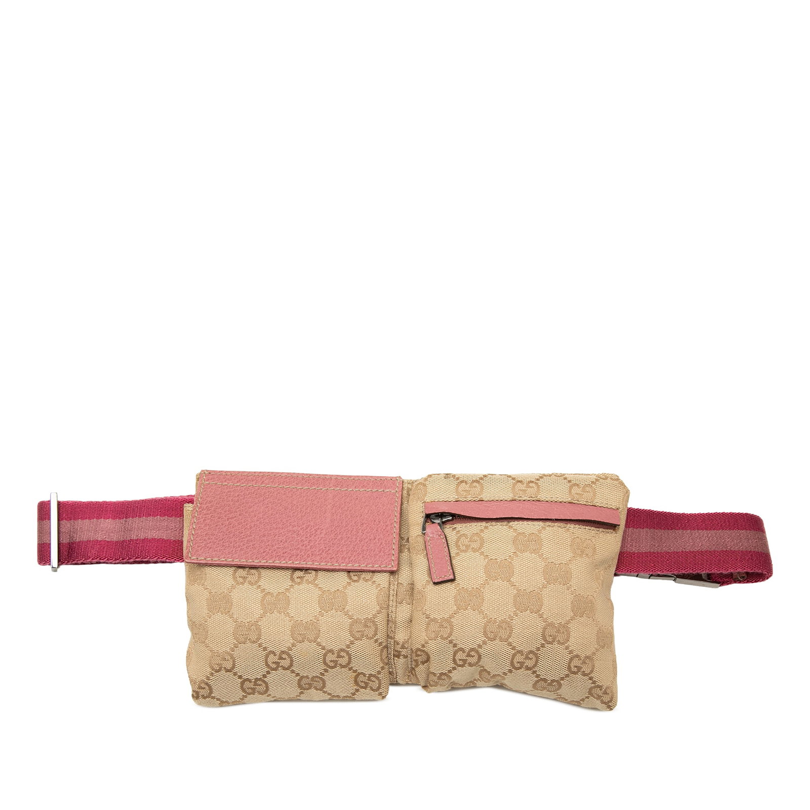 Gucci GG Canvas Belt Bag with Web Strap and Double Pockets: Gucci GG Canvas Belt Bag with Web Strap and Double Pockets Gucci GG Canvas Web Double Pocket Belt Bag with a canvas body and leather trim. The design includes an adjustable web waist strap, front flap