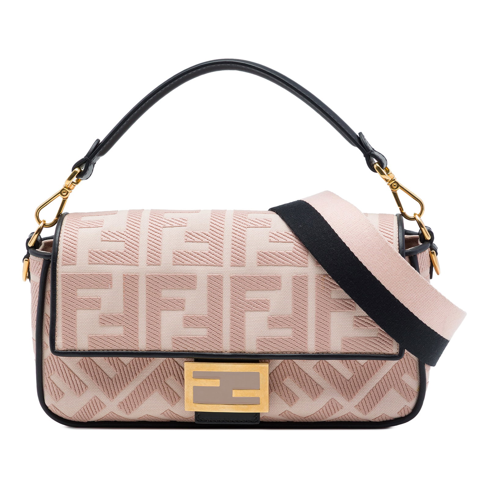 Fendi Zucca Baguette Satchel in Pink Embroidered Canvas: Fendi Zucca Baguette Satchel in Pink Embroidered Canvas A Fendi Zucca Baguette satchel crafted with an embroidered canvas body and leather trim. It features a detachable leather top handle, a detachab