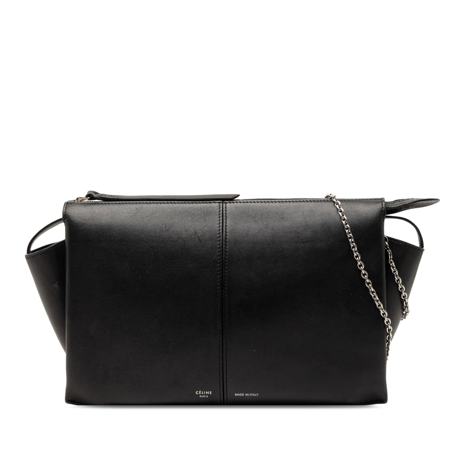 Celine black leather chain clutch trifold model: Celine black leather chain clutch trifold model This Celine Trifold Leather Clutch On Chain features a black leather body with a chain link shoulder strap, a top zip closure, and both interior zip and