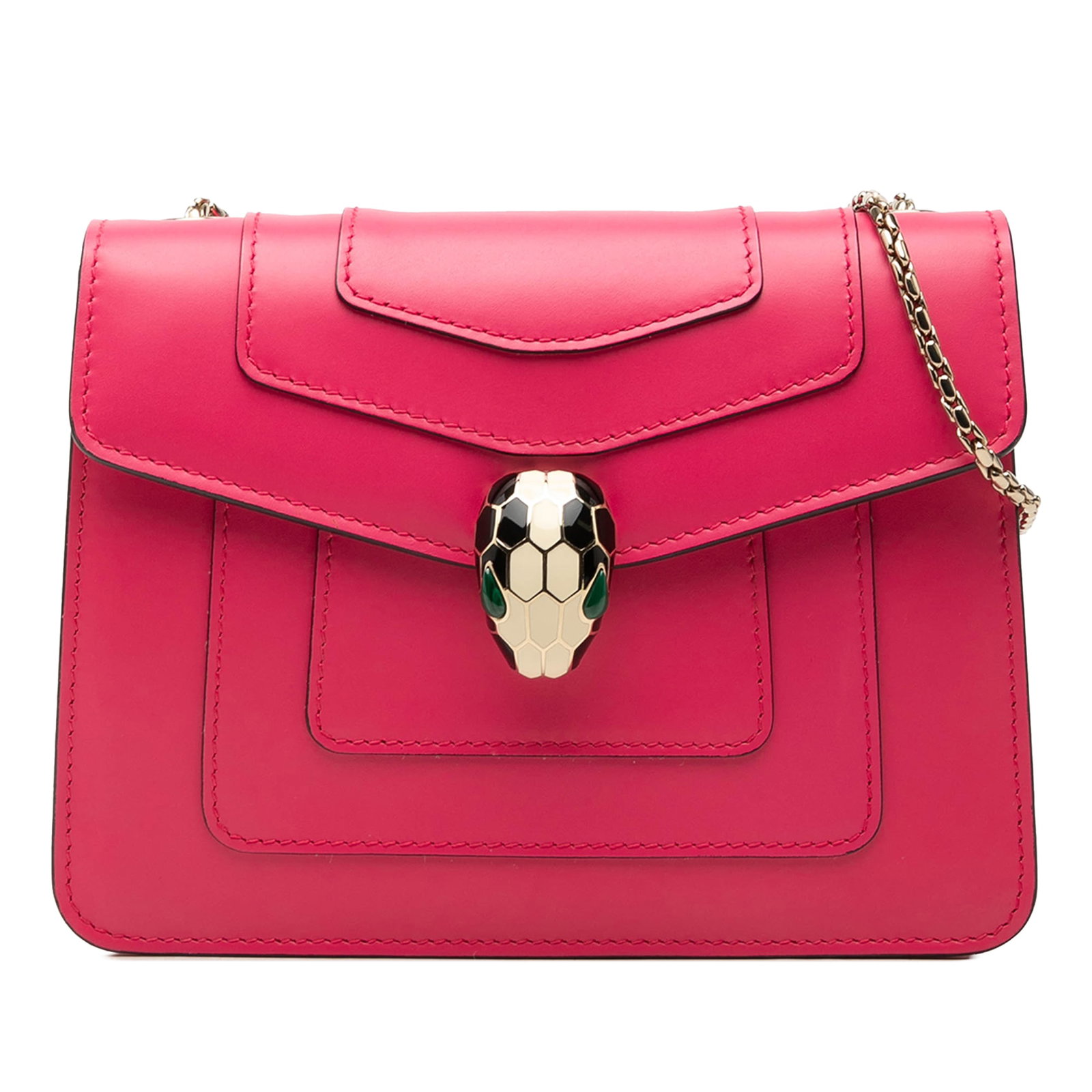 Bvlgari Serpenti Forever small pink leather chain crossbody bag: Bvlgari Serpenti Forever small pink leather chain crossbody bag A compact Bvlgari Serpenti Forever chain crossbody crafted in pink leather. This small square design features a front flap with snap clo
