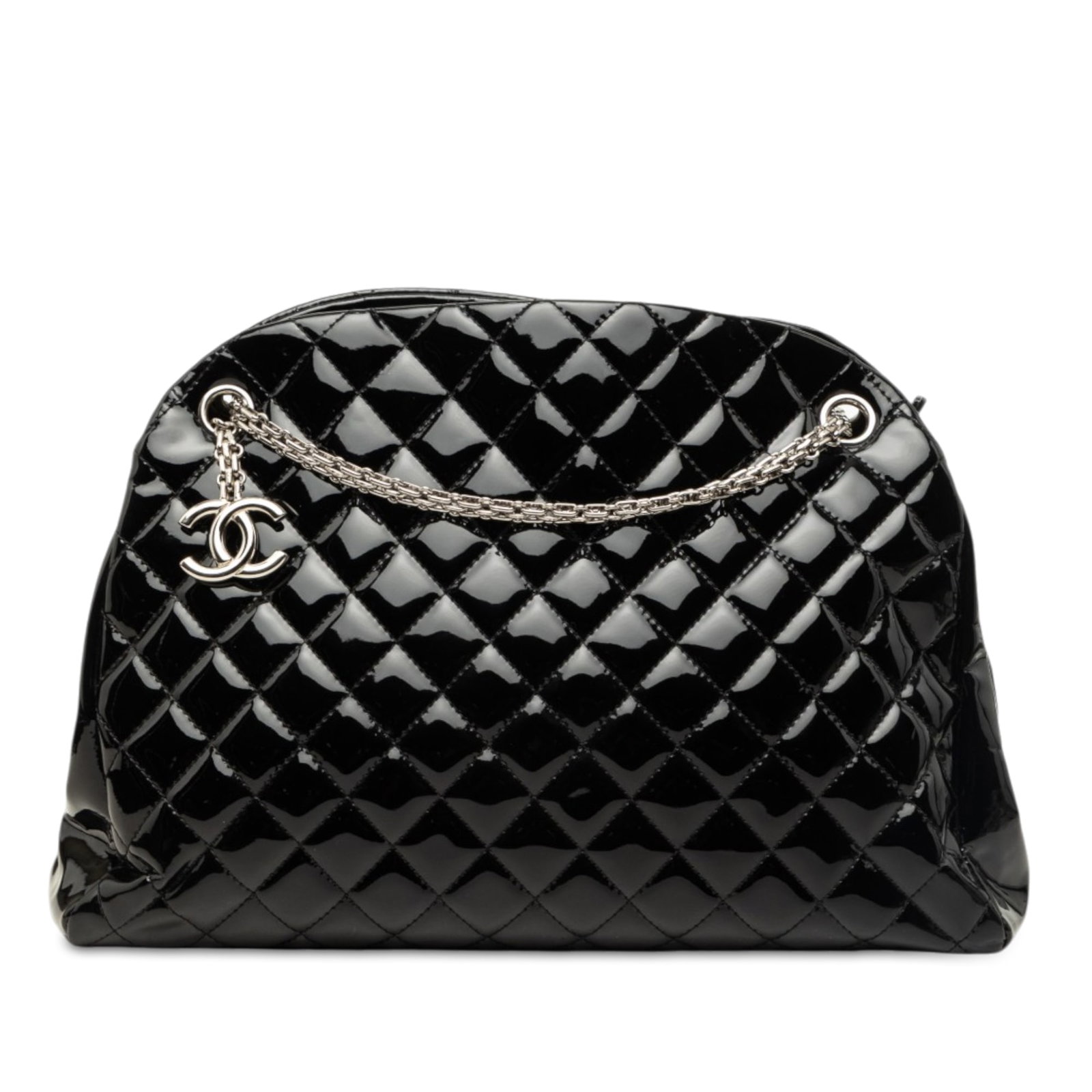 Chanel Just Mademoiselle Large Patent Leather Bowling Bag: Chanel Just Mademoiselle Large Patent Leather Bowling Bag A Chanel Just Mademoiselle bowling bag crafted in black quilted patent leather. This large bag features chain link straps with leather guards,