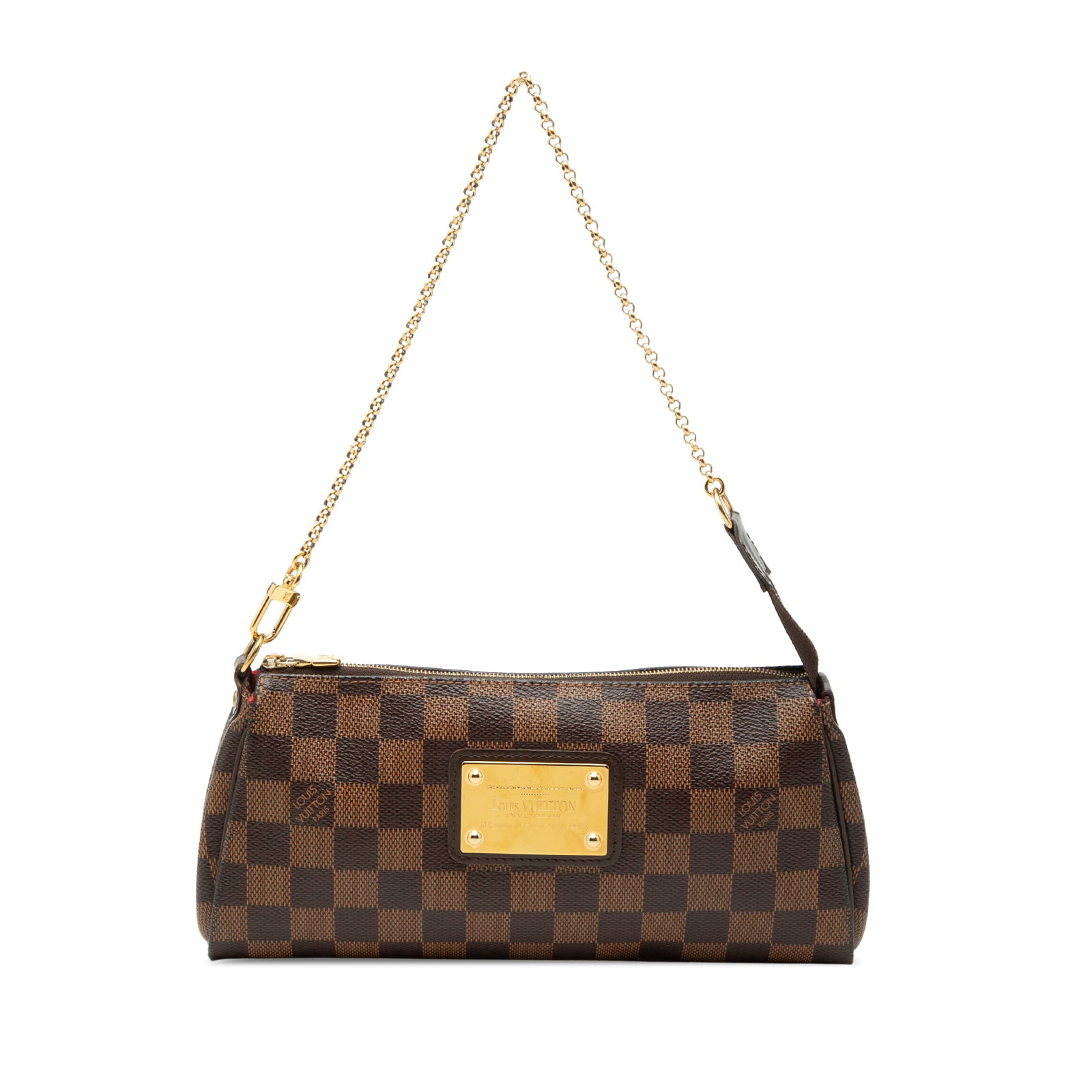 Louis Vuitton Eva Damier Ebene Brown Canvas Shoulder Bag: Louis Vuitton Eva Damier Ebene Brown Canvas Shoulder Bag Louis Vuitton Damier Ebene Eva bag in brown Damier canvas with a gold-tone chain strap and top zip closure. Made in France, this model is prese