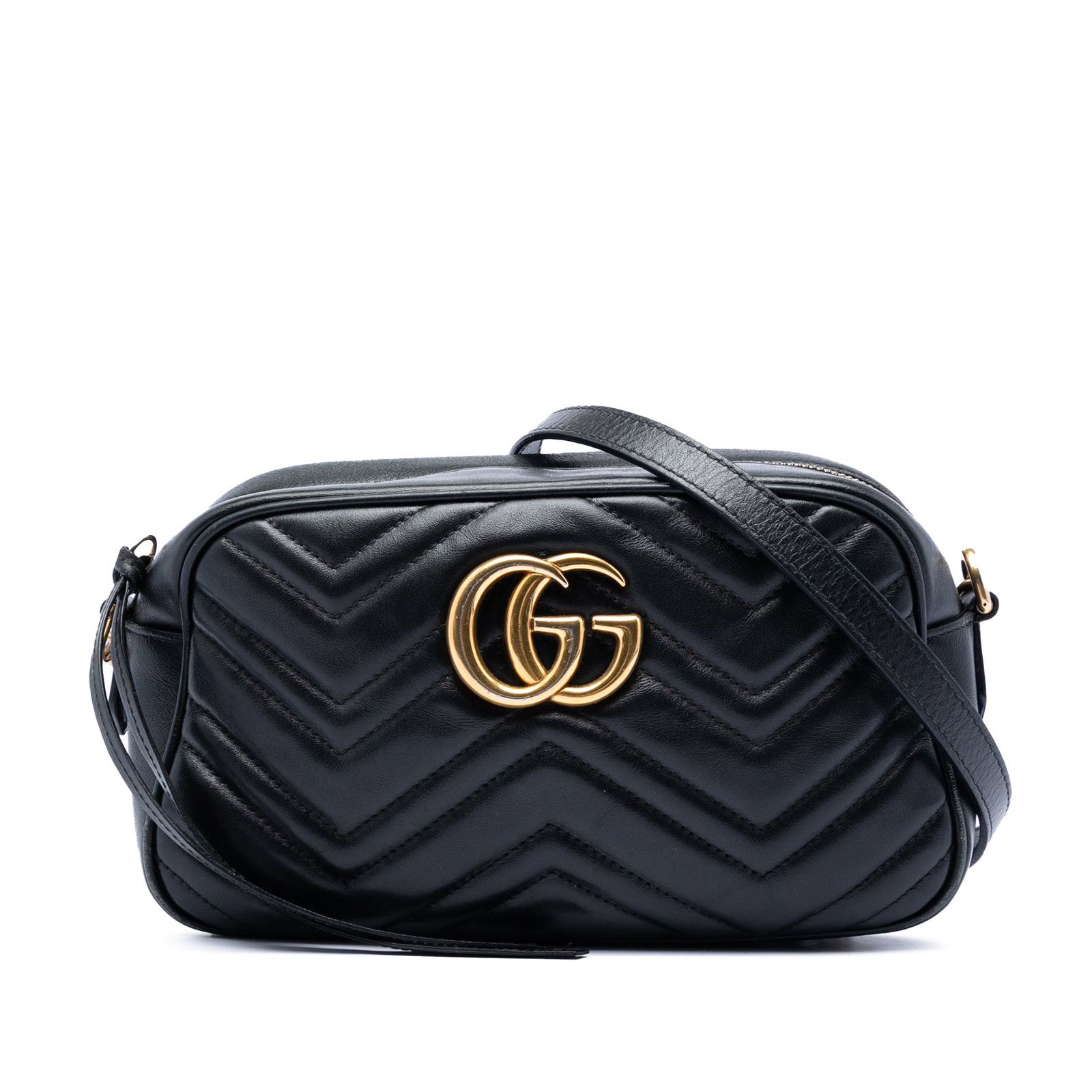 Gucci GG Marmont black calfskin quilted crossbody bag: Gucci GG Marmont black calfskin quilted crossbody bag This Gucci Small GG Marmont Matelasse Calfskin Crossbody bag features a quilted leather body in black, complemented by a curb chain and leather st