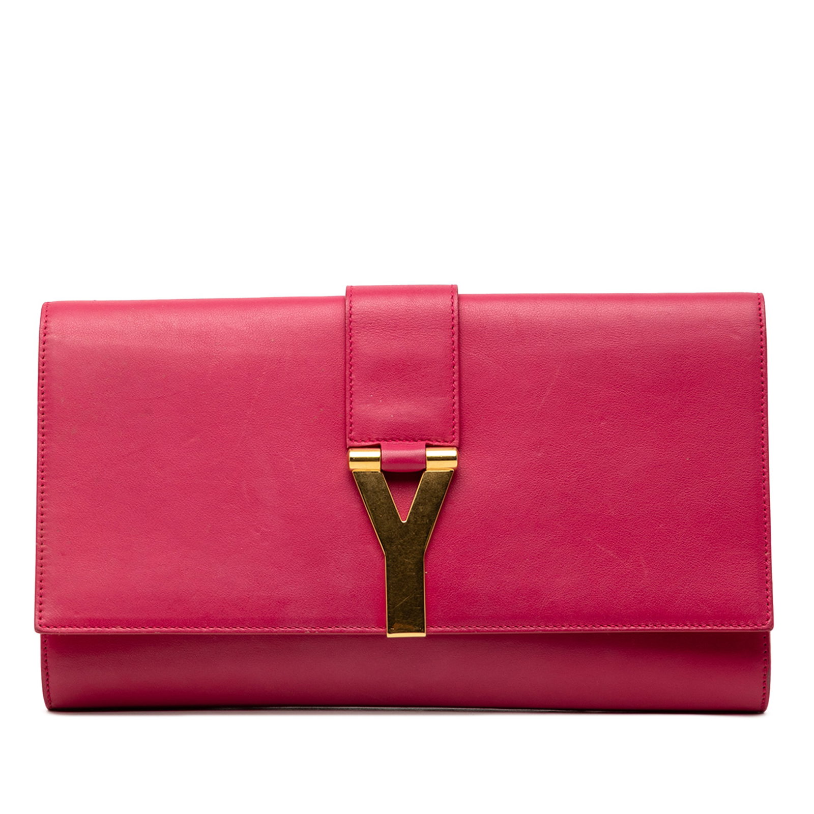 Saint Laurent Chyc Ligne pink leather clutch with Y hardware: Saint Laurent Chyc Ligne pink leather clutch with Y hardware Saint Laurent Chyc Ligne clutch in pink leather with a front flap accented by gold-tone Y hardware and an interior slip pocket. Made in Ita