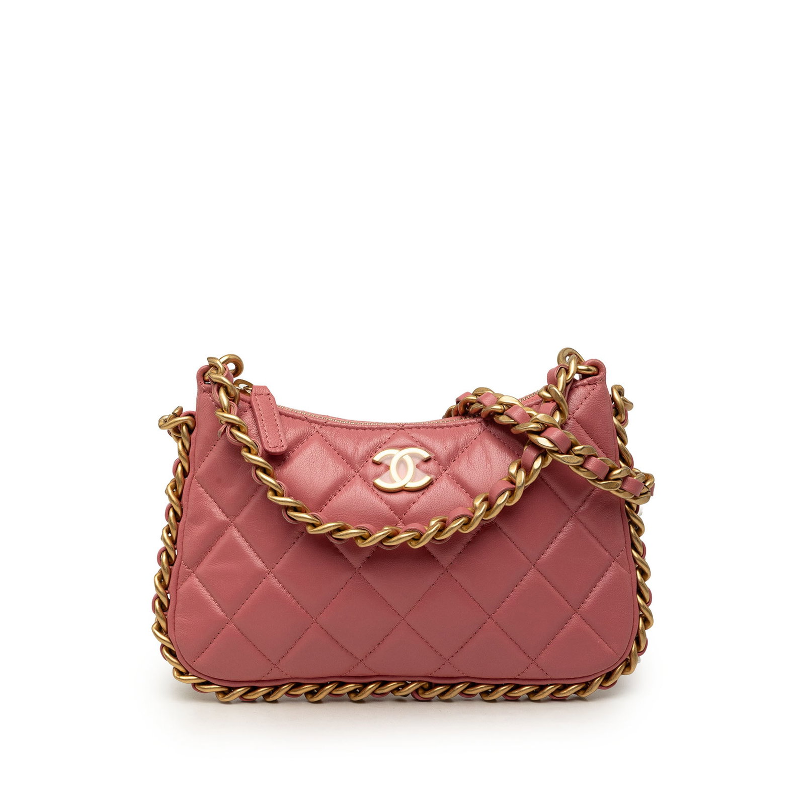 Chanel Trendy Chain Around Hobo Pink Quilted Lambskin Bag: Chanel Trendy Chain Around Hobo Pink Quilted Lambskin Bag Chanel CC Quilted Lambskin Trendy Chain Around Hobo in pink quilted lambskin leather. This bag features a leather-woven chain link handle, a l