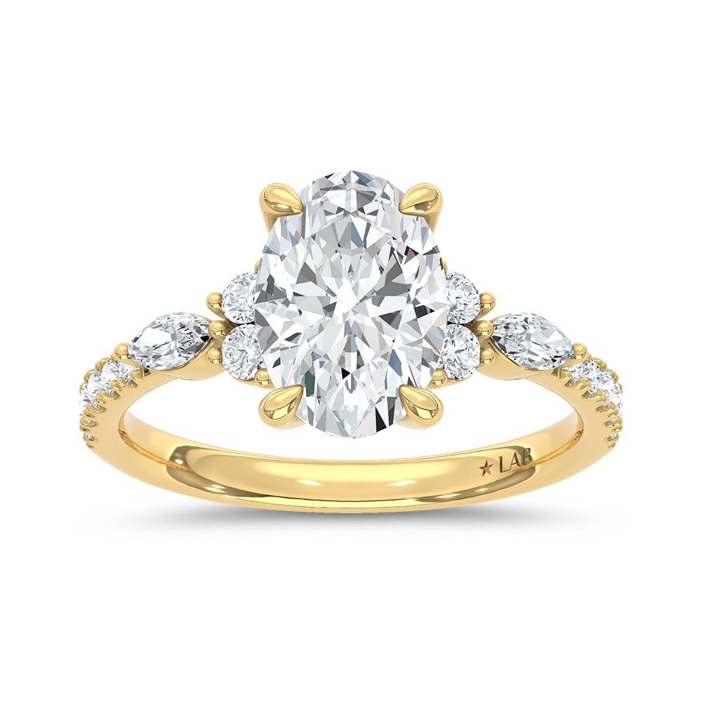 14K Yellow Gold Lab Grown Marquise and Round Diamond 2 3/8 Ct.Tw. Engagement Ring With Oval Center: 14K Yellow Gold Lab Grown Marquise and Round Diamond 2 3/8 Ct.Tw. Engagement Ring With Oval Center 14k Yellow Gold Stone Color: D-f Stone Clarity: Vs Each ring is presented in standard size 6.5. Compl