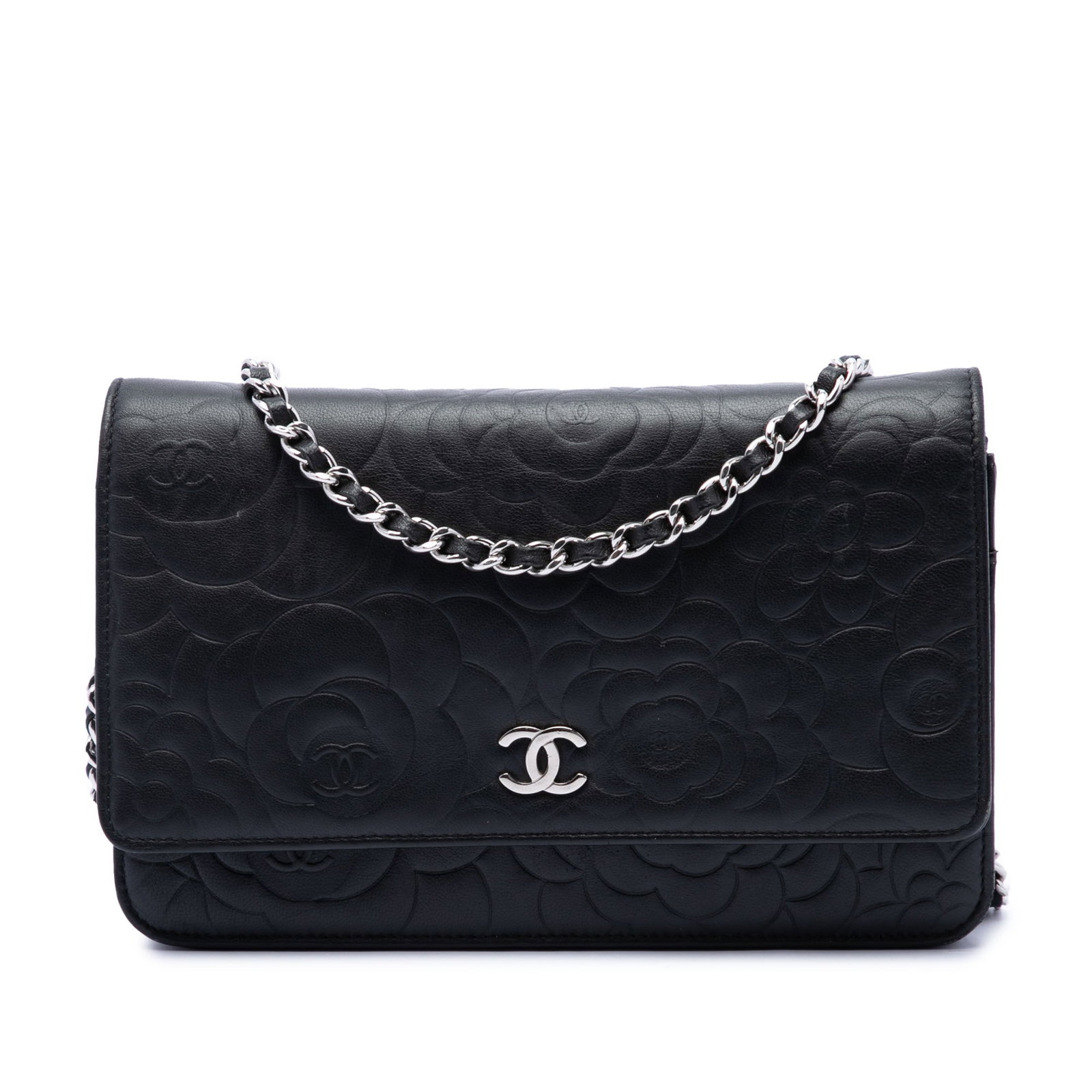 Chanel Camellia CC Embossed Lambskin Wallet on Chain Black: Chanel Camellia CC Embossed Lambskin Wallet on Chain Black A Chanel CC Embossed Lambskin Camellia Wallet On Chain in black lambskin leather. This bag features a quilted leather body, a leather-woven c