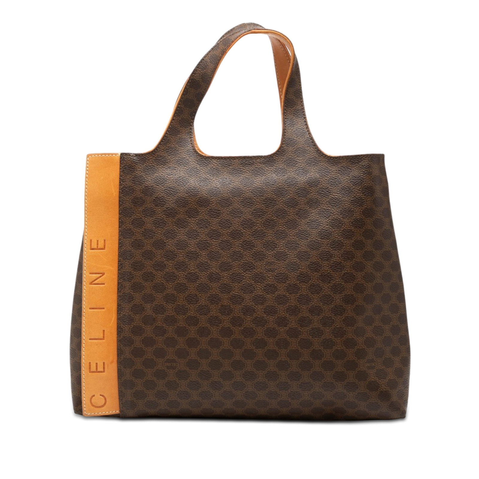 Celine Macadam Brown Tote Bag Coated Canvas and Leather: Celine Macadam Brown Tote Bag Coated Canvas and Leather Celine Macadam tote bag crafted with a coated canvas body and flat leather straps. The open-top design includes interior zip and slip compartmen