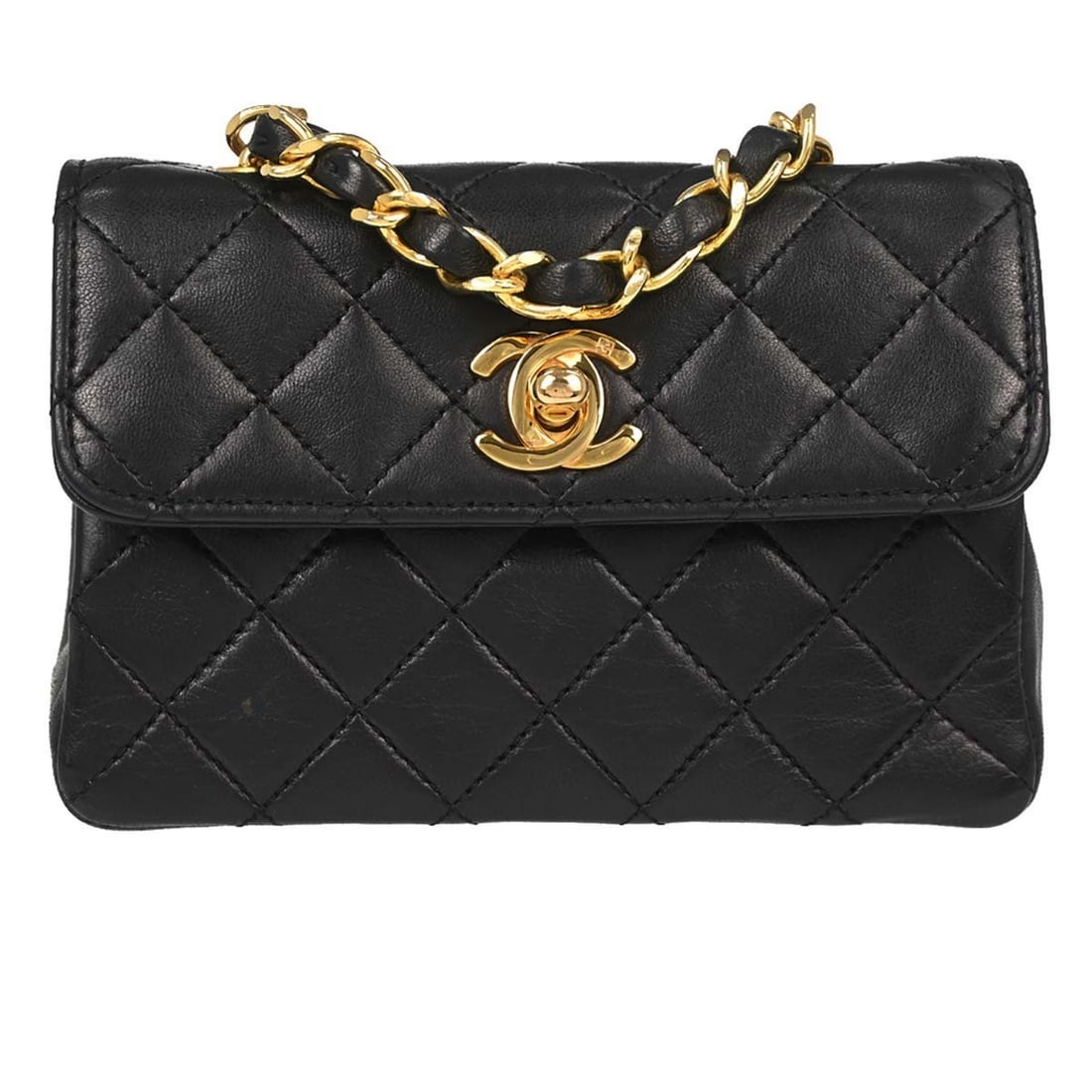 CHANEL Classic Flap Mini Lambskin Crossbody Bag Black: CHANEL Classic Flap Mini Lambskin Crossbody Bag Black Chanel Straight Flap shoulder bag in black lambskin leather with a matelasse quilted finish. This mini shoulder bag features a flap turnlock closu