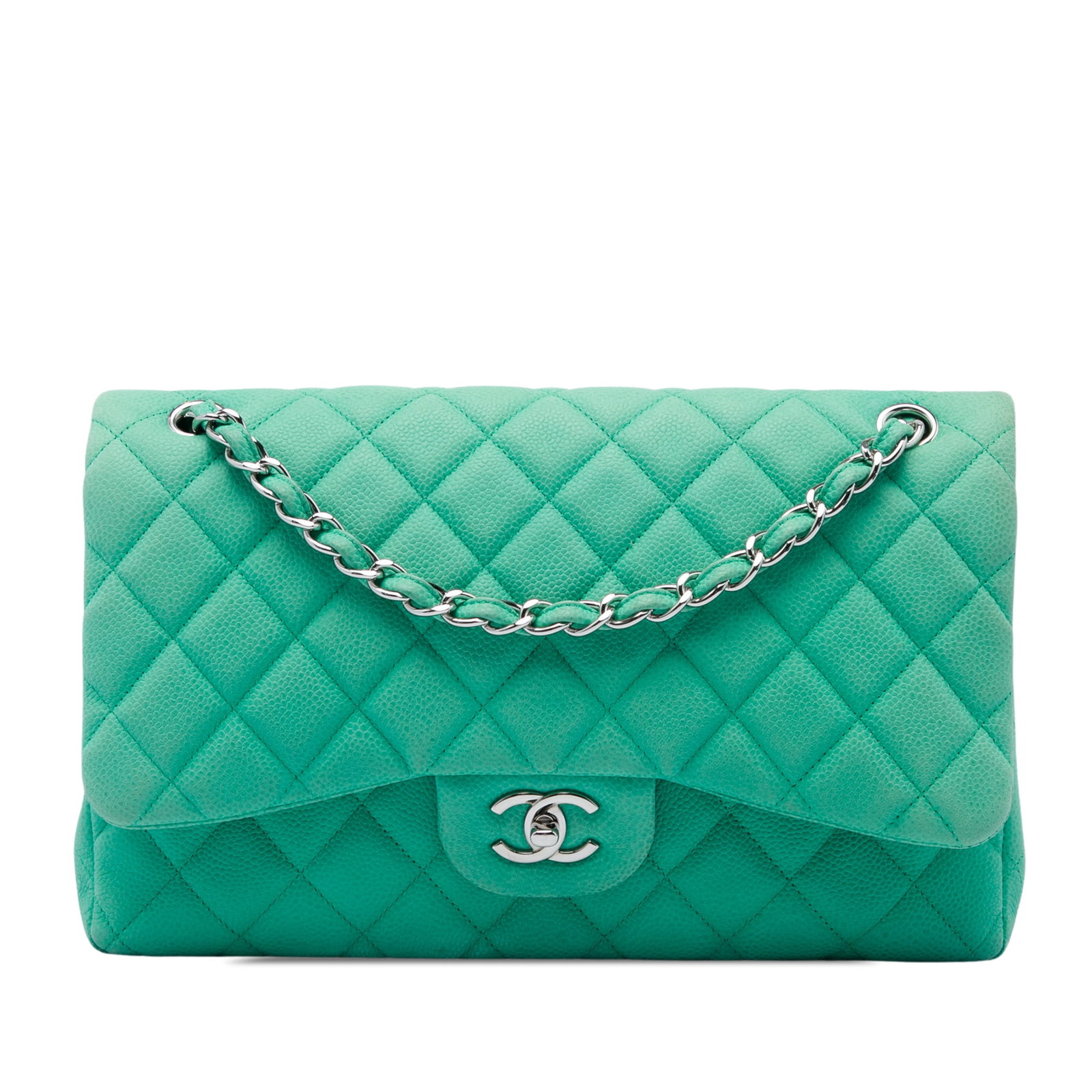 Chanel Jumbo Classic Double Flap Shoulder Bag Green Caviar Leather: Chanel Jumbo Classic Double Flap Shoulder Bag Green Caviar Leather A Chanel Jumbo Classic Caviar Double Flap shoulder bag in green quilted caviar leather. It features leather-woven chain straps, a dou