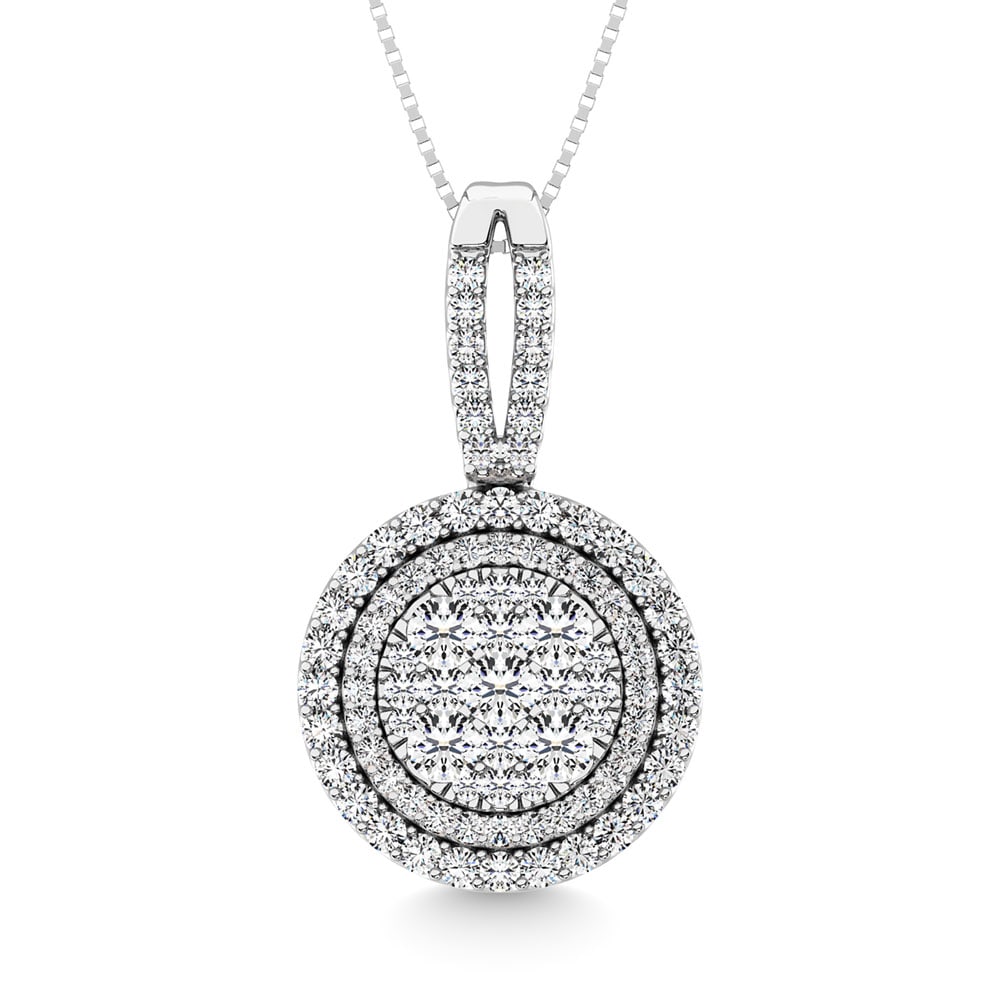 Diamond 1 3/4 Ct.Tw. Oval Shape Cluster Pendant in 14K White Gold: Diamond 1 3/4 Ct.Tw. Oval Shape Cluster Pendant in 14K White Gold 14k White Gold Stone Clarity: Si2 Unless otherwise specified, pendants that include a chain are paired with our standard 18-inch lengt