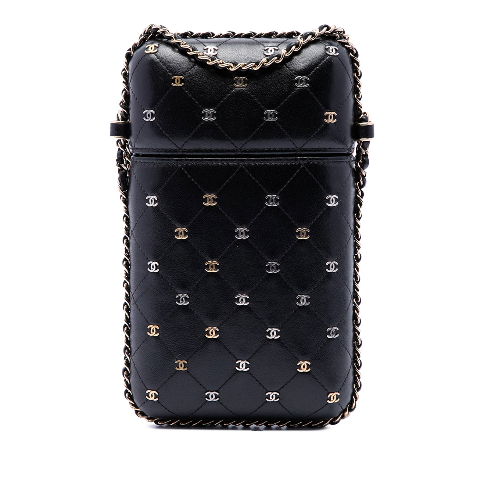 Chanel CC Chain Around Studded Quilted Lambskin Phone Holder: Chanel CC Chain Around Studded Quilted Lambskin Phone Holder A Chanel phone holder crafted in black quilted lambskin with studded CC detailing. This compact design features a leather-woven chain link 
