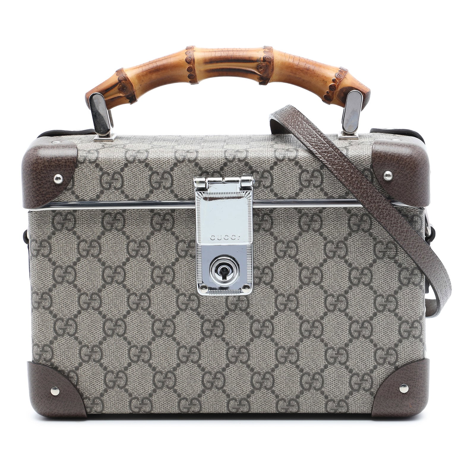 Gucci GG Supreme Bamboo Vanity Bag Coated Canvas Leather Trim: Gucci GG Supreme Bamboo Vanity Bag Coated Canvas Leather Trim Gucci GG Supreme Bamboo Vanity Bag in beige with a coated canvas body, leather trim, a bamboo top handle, a detachable flat leather strap,