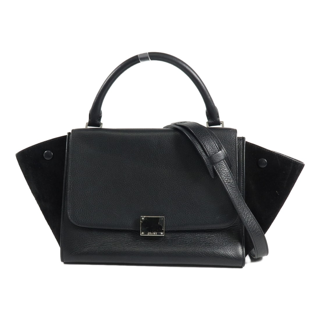 CELINE Trapeze Small 2way Shoulder Bag Black Calfskin Suede SHW: CELINE Trapeze Small 2way Shoulder Bag Black Calfskin Suede SHW Small Trapeze 2-way shoulder bag in black calfskin and suede. This women's bag features a top handle and a removable shoulder strap for 