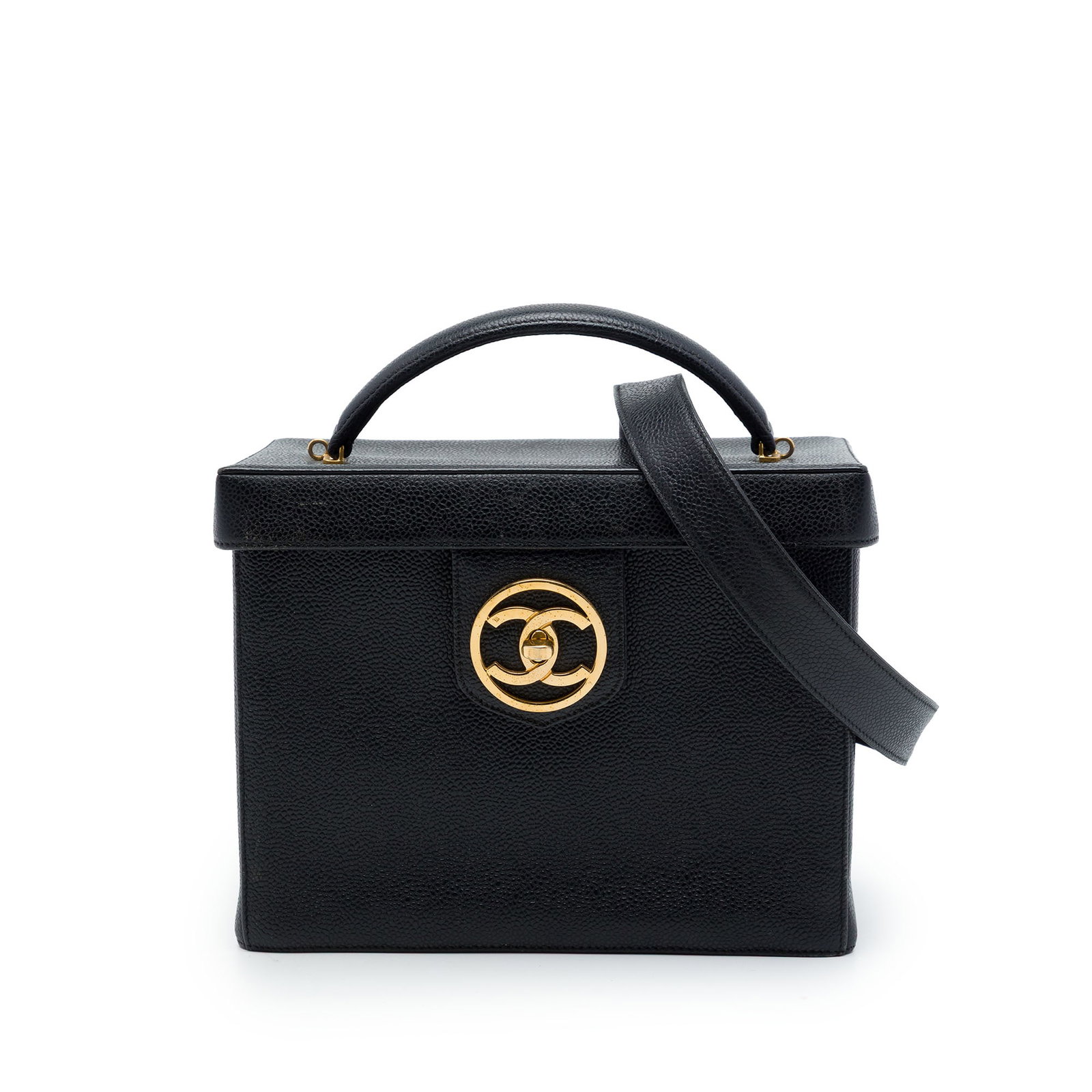 Chanel CC Vanity Box Case in Black Caviar Leather: Chanel CC Vanity Box Case in Black Caviar Leather Chanel CC Caviar Vanity Box Case in black caviar leather with a detachable shoulder strap, flat top handle, and top closure featuring interlocking CCs