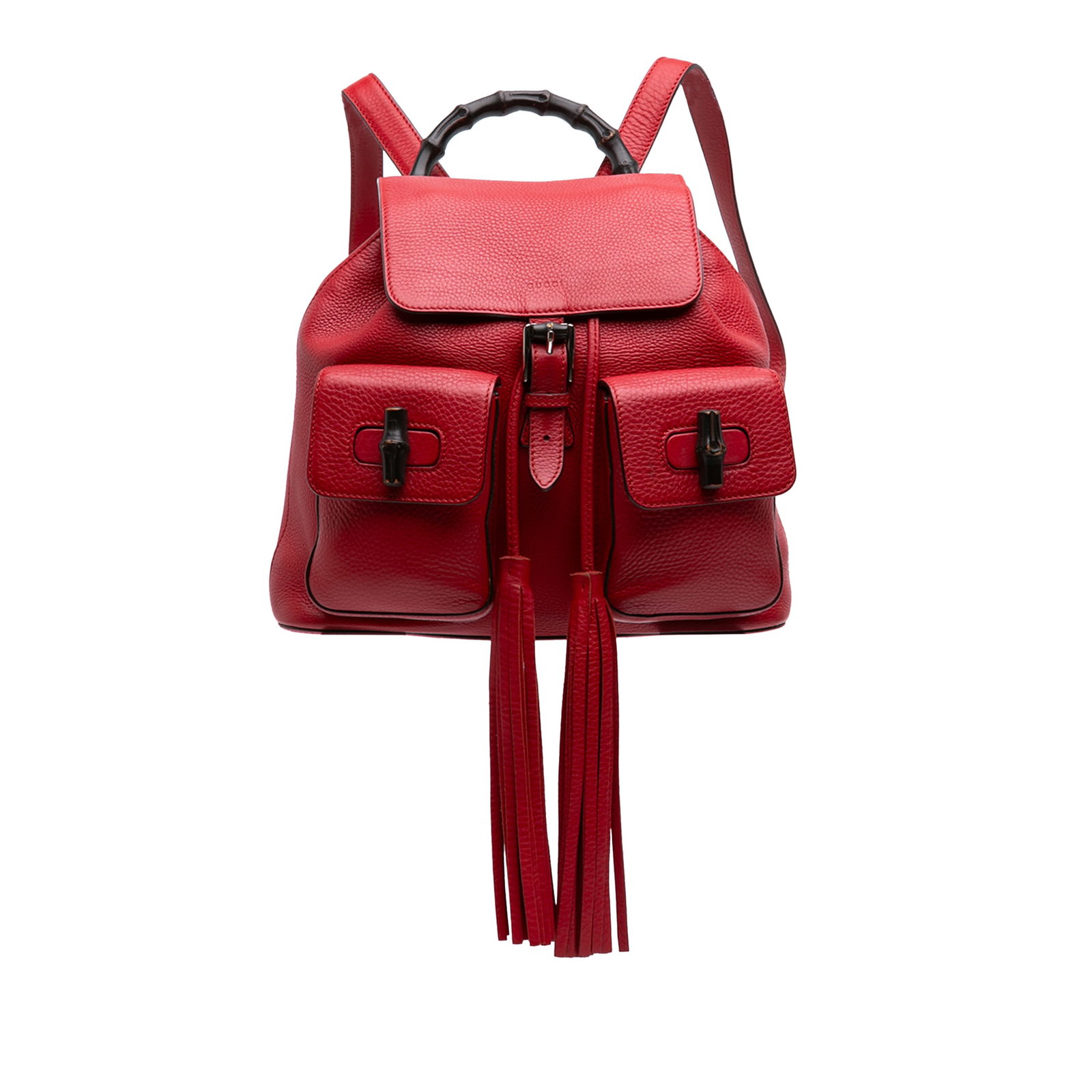 Gucci Bamboo Tassel Drawstring Backpack Large Red Calfskin: Gucci Bamboo Tassel Drawstring Backpack Large Red Calfskin Large Gucci backpack in red calfskin leather with a bamboo top handle, adjustable flat leather back straps, and a front flap with buckle clos