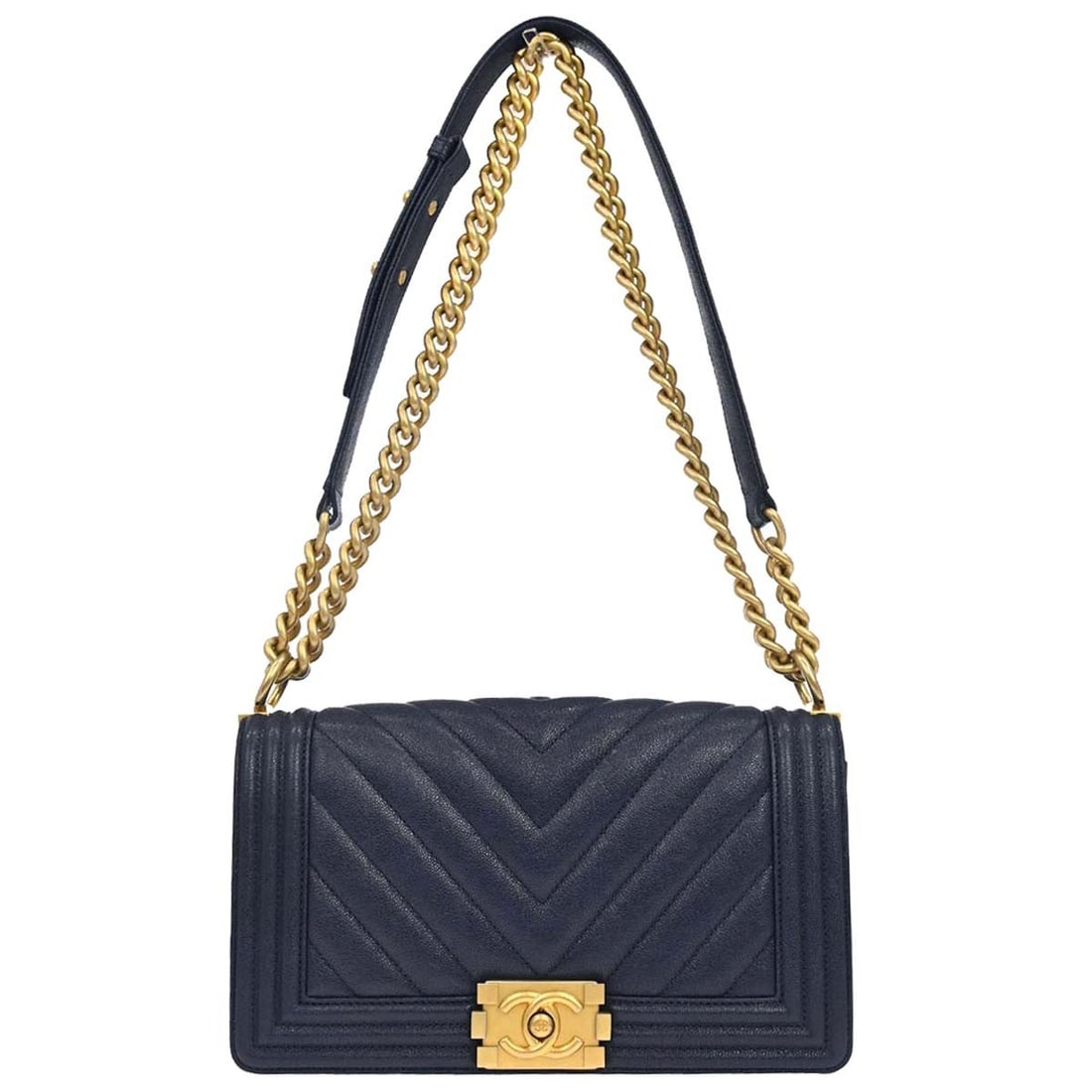 CHANEL Boy Medium Shoulder Bag Navy Caviar Leather Silver Tone: CHANEL Boy Medium Shoulder Bag Navy Caviar Leather Silver Tone Vintage Chanel Boy medium shoulder bag in navy caviar skin leather with chevron quilting and a push-lock closure. This women's shoulder b